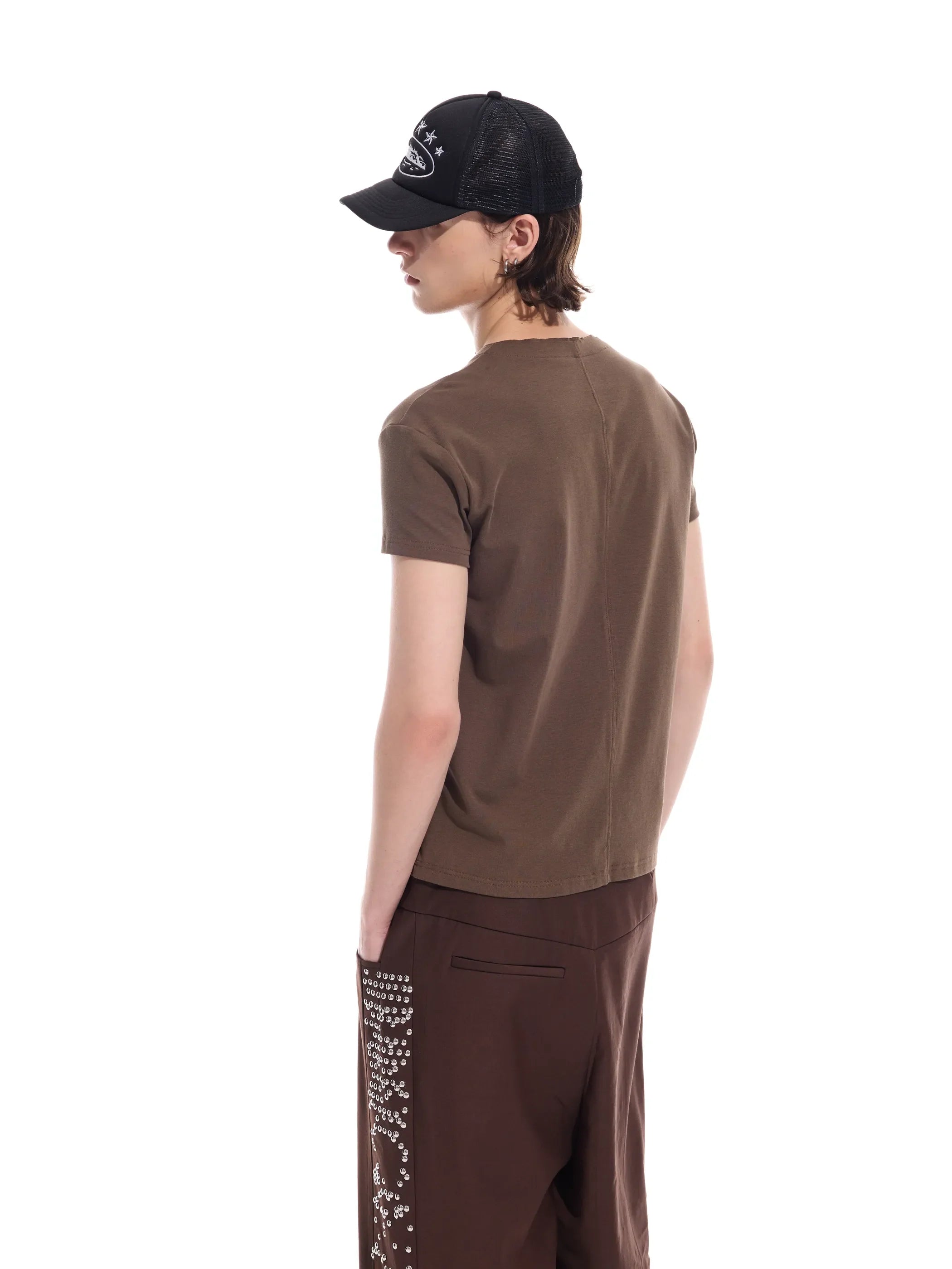 Distressed grid-pattern lyocell V-neck tee