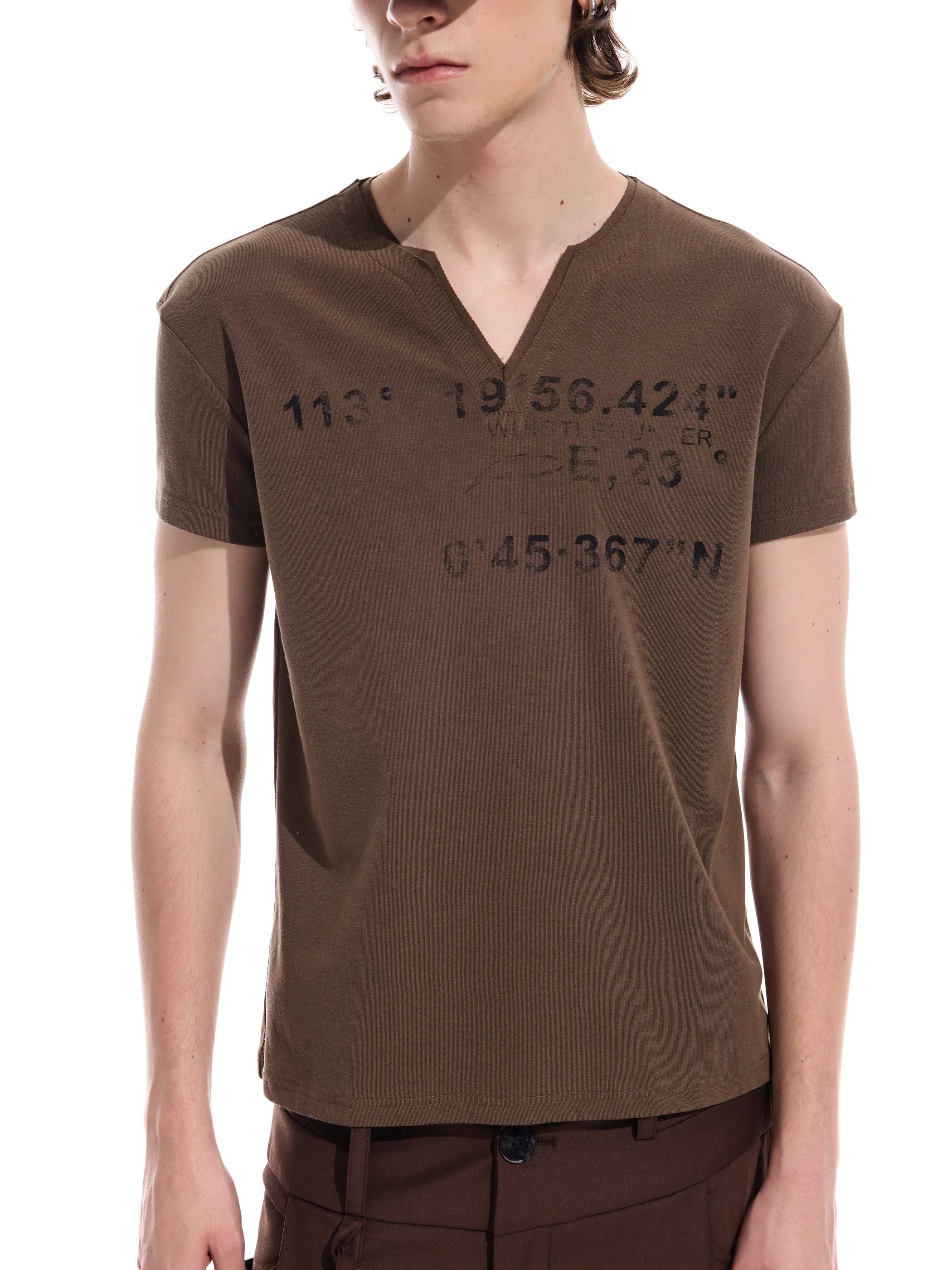 Distressed grid-pattern lyocell V-neck tee