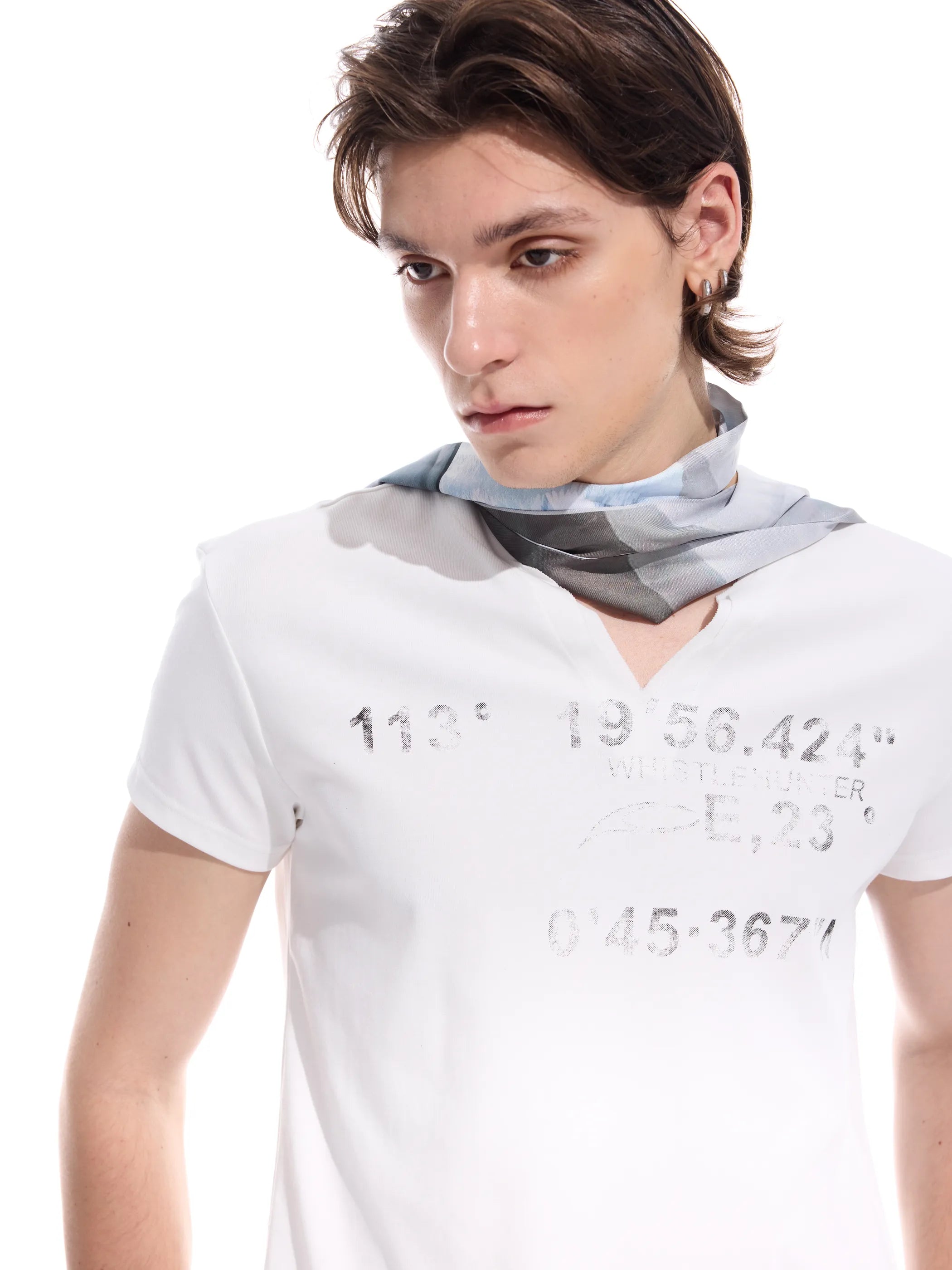 Distressed grid-pattern lyocell V-neck tee