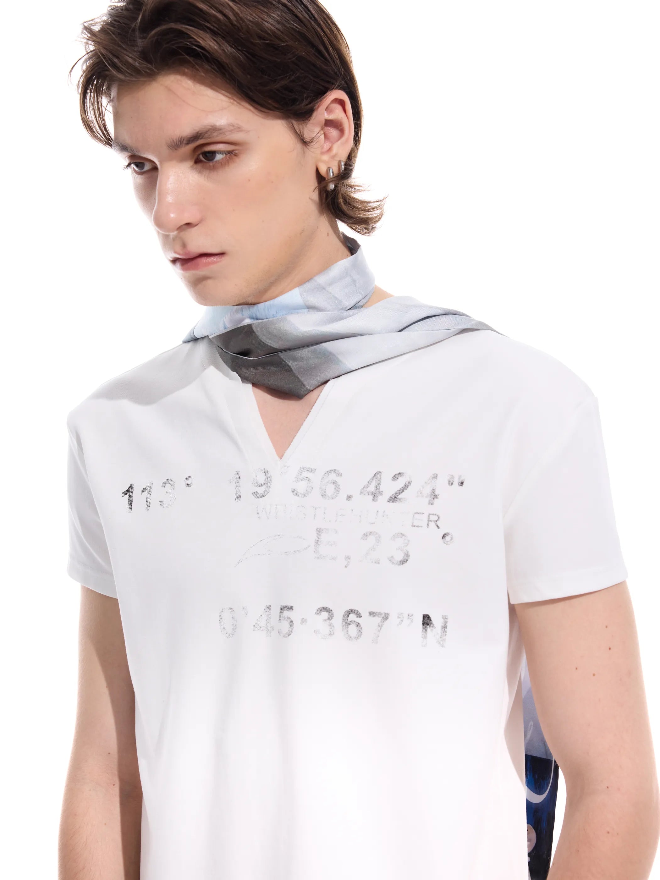 Distressed grid-pattern lyocell V-neck tee