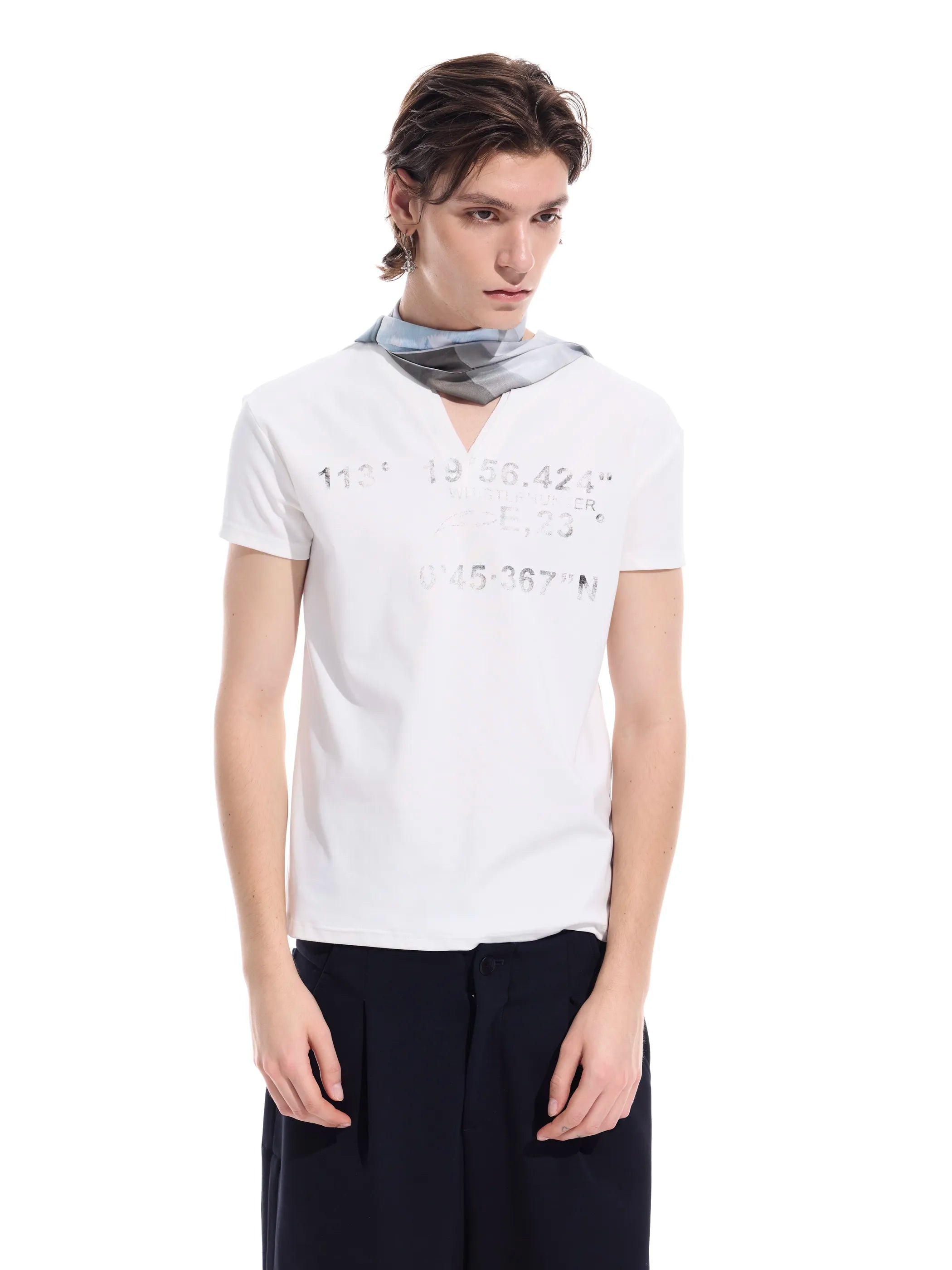 Distressed grid-pattern lyocell V-neck tee