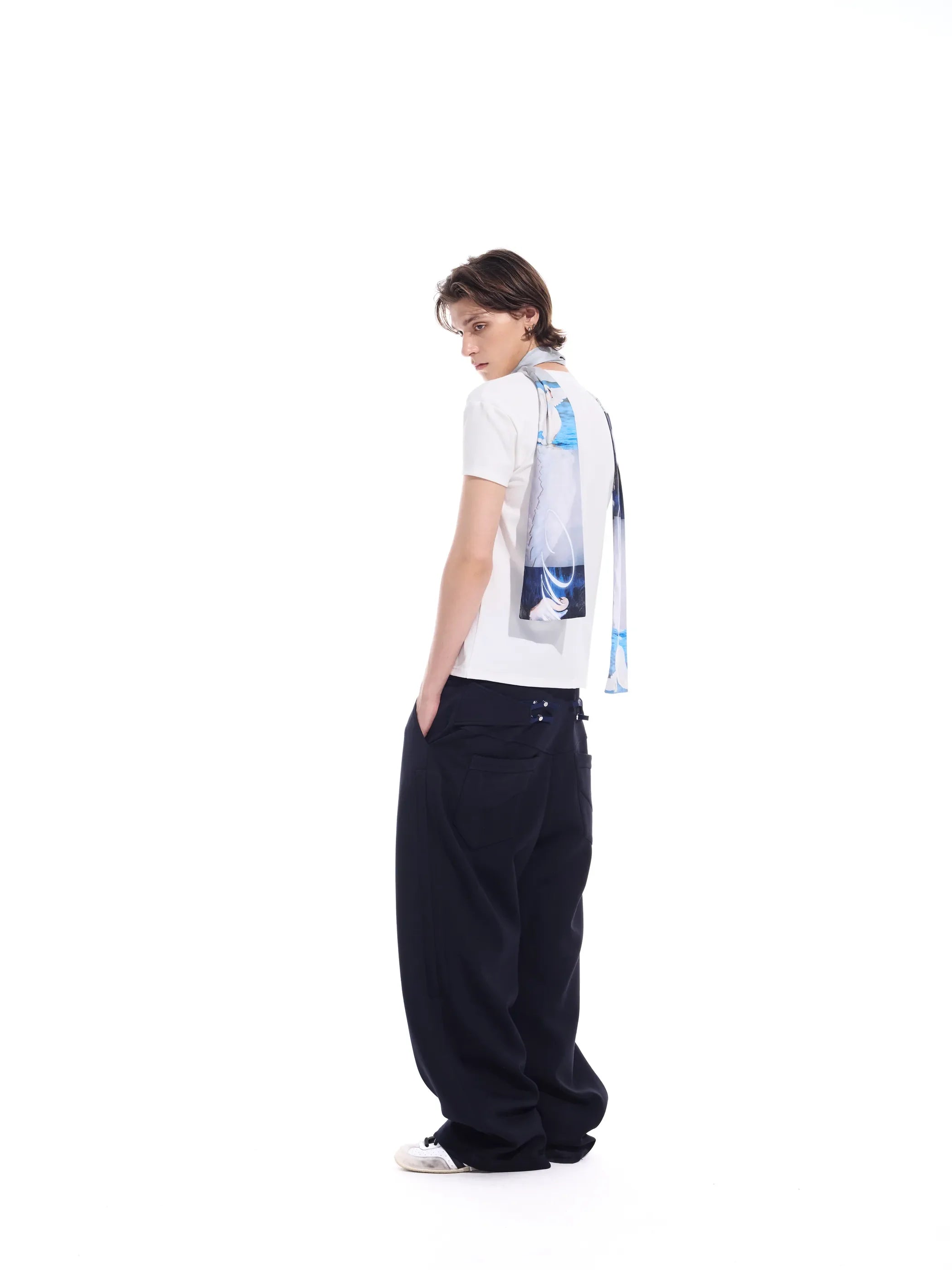 Distressed grid-pattern lyocell V-neck tee
