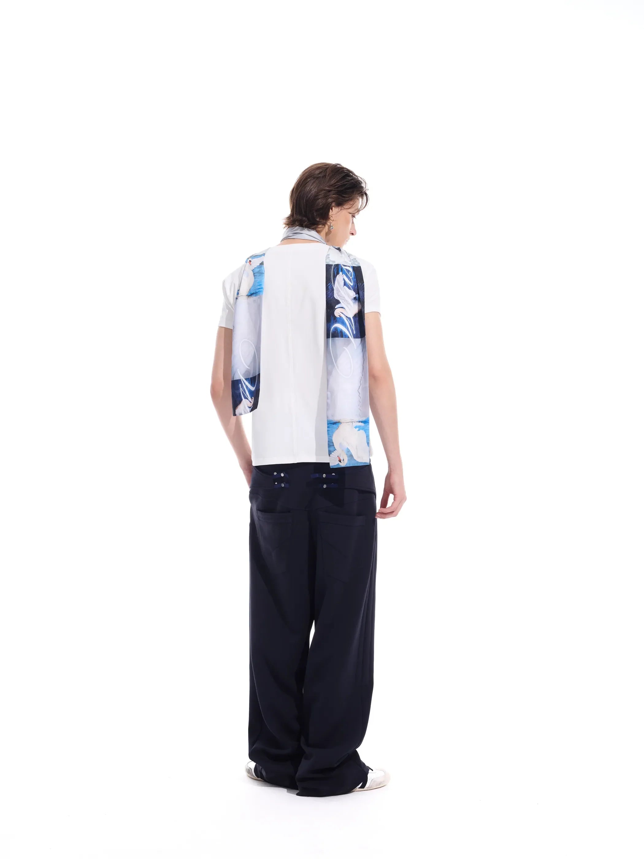 Distressed grid-pattern lyocell V-neck tee