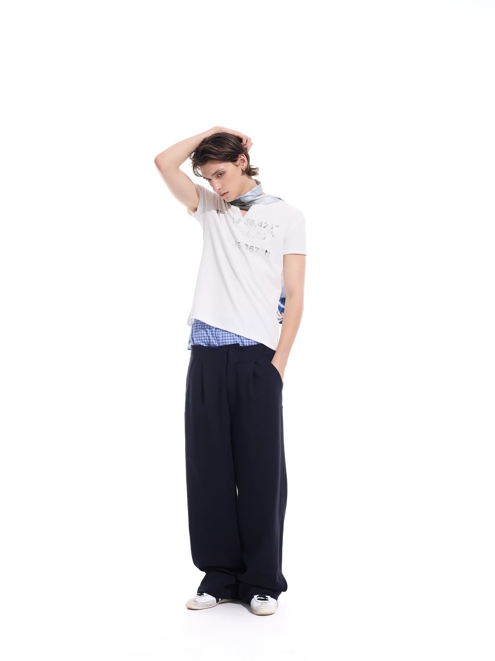 Distressed grid-pattern lyocell V-neck tee