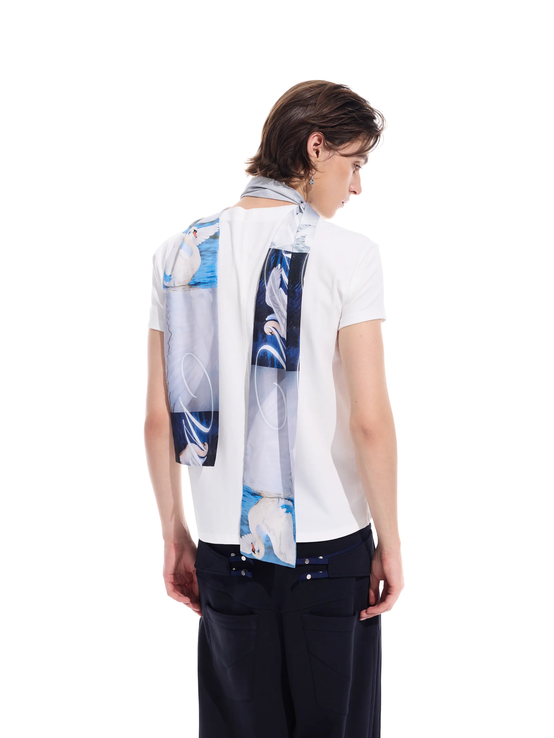 Distressed grid-pattern lyocell V-neck tee