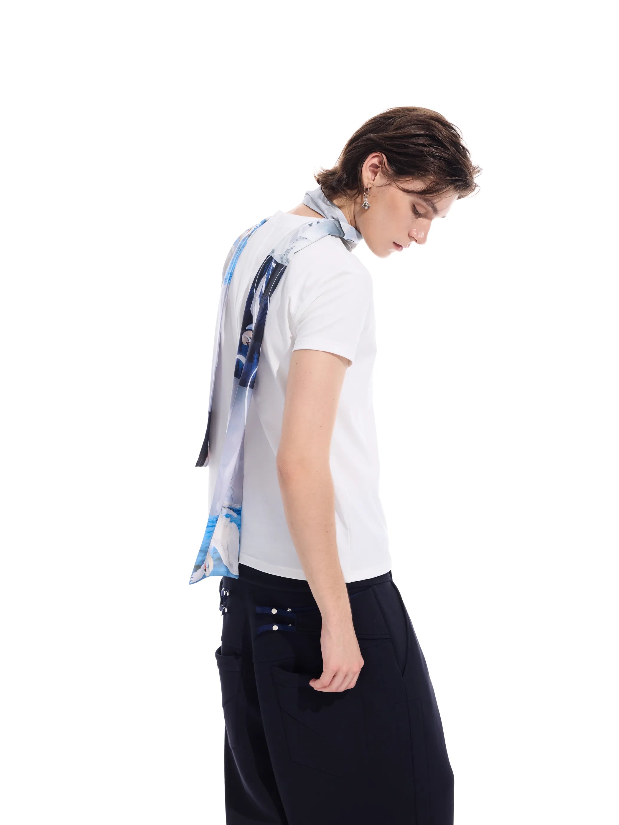 Distressed grid-pattern lyocell V-neck tee
