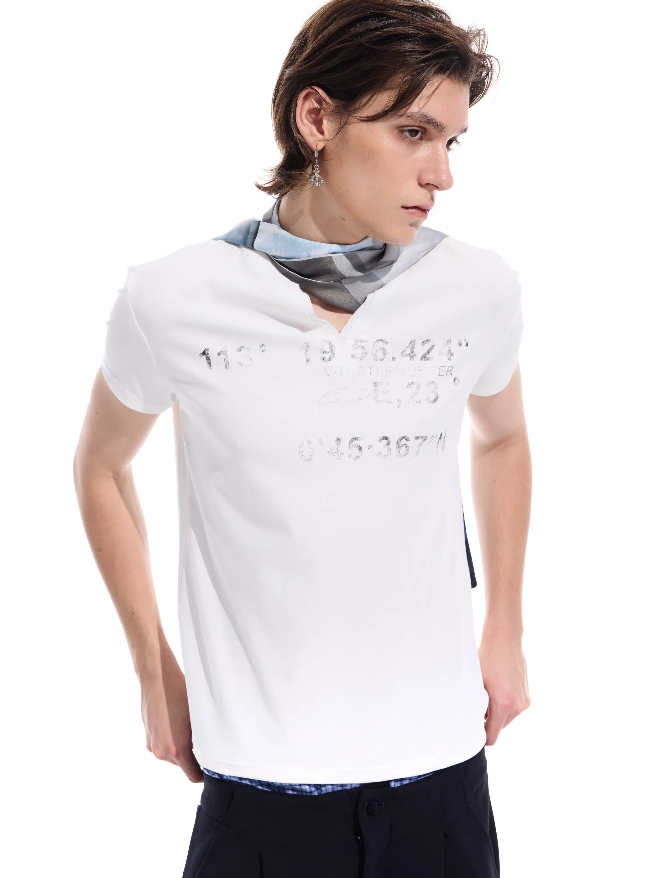 Distressed grid-pattern lyocell V-neck tee