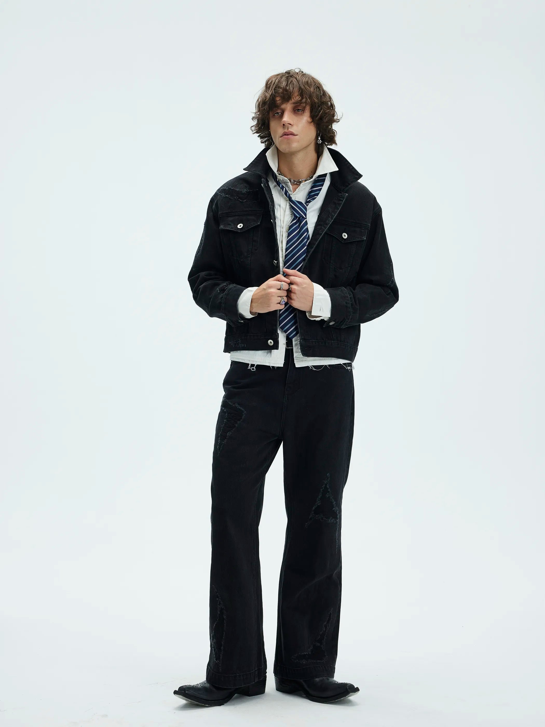 Model shot of Distressed Washed Denim Jacket 2