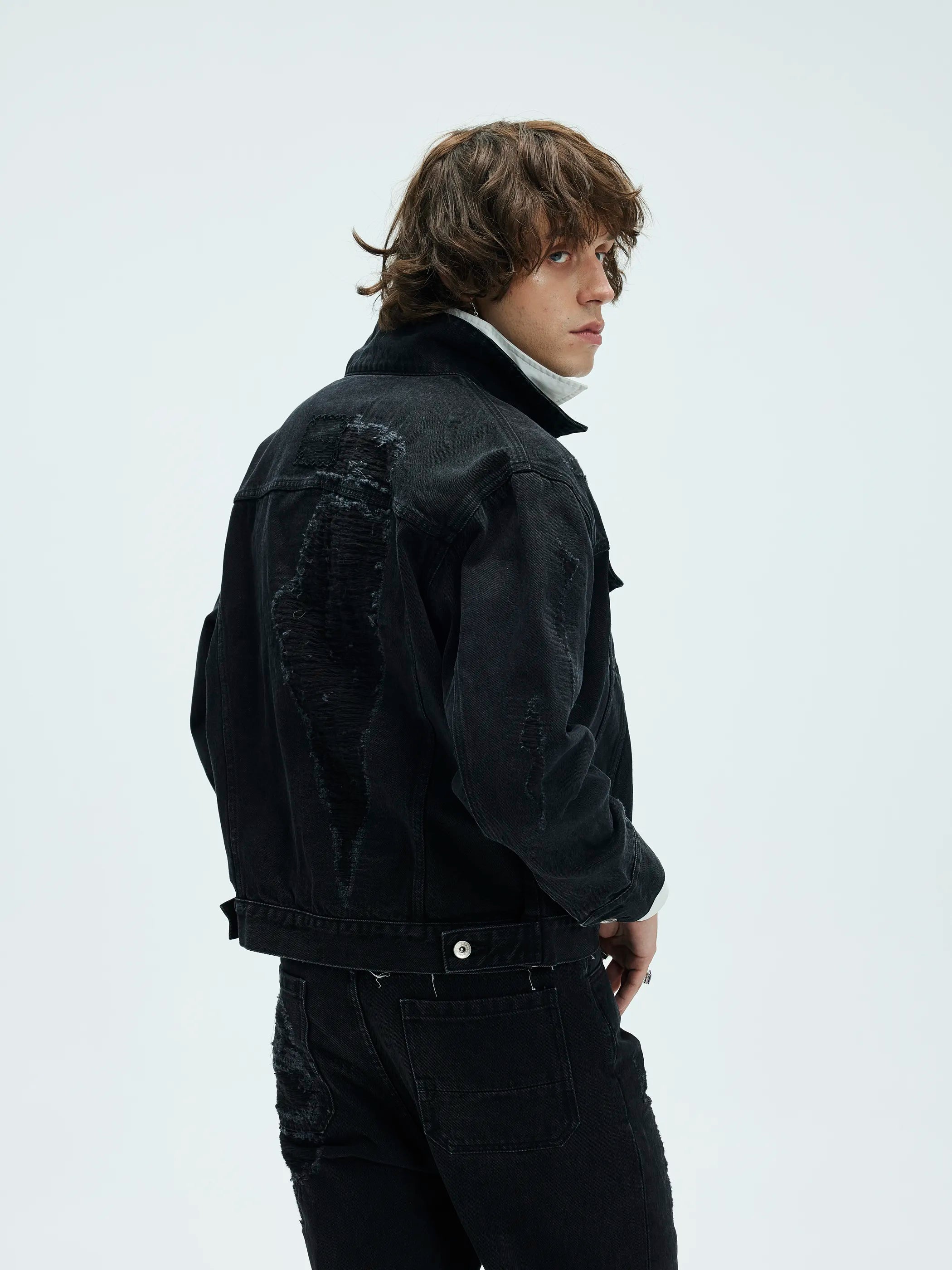 Model shot of Distressed Washed Denim Jacket 3