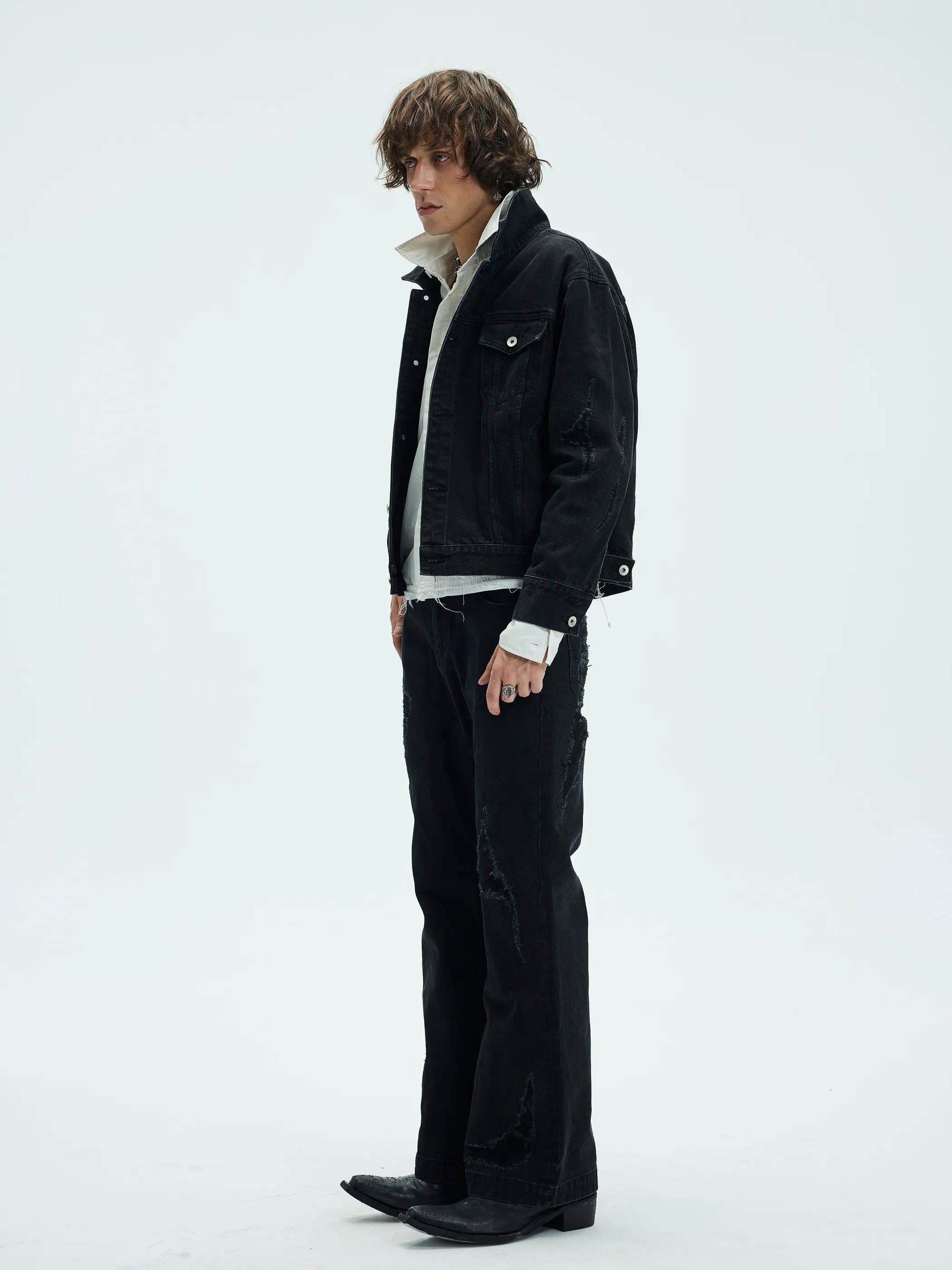 Model shot of Distressed Washed Denim Jacket 6