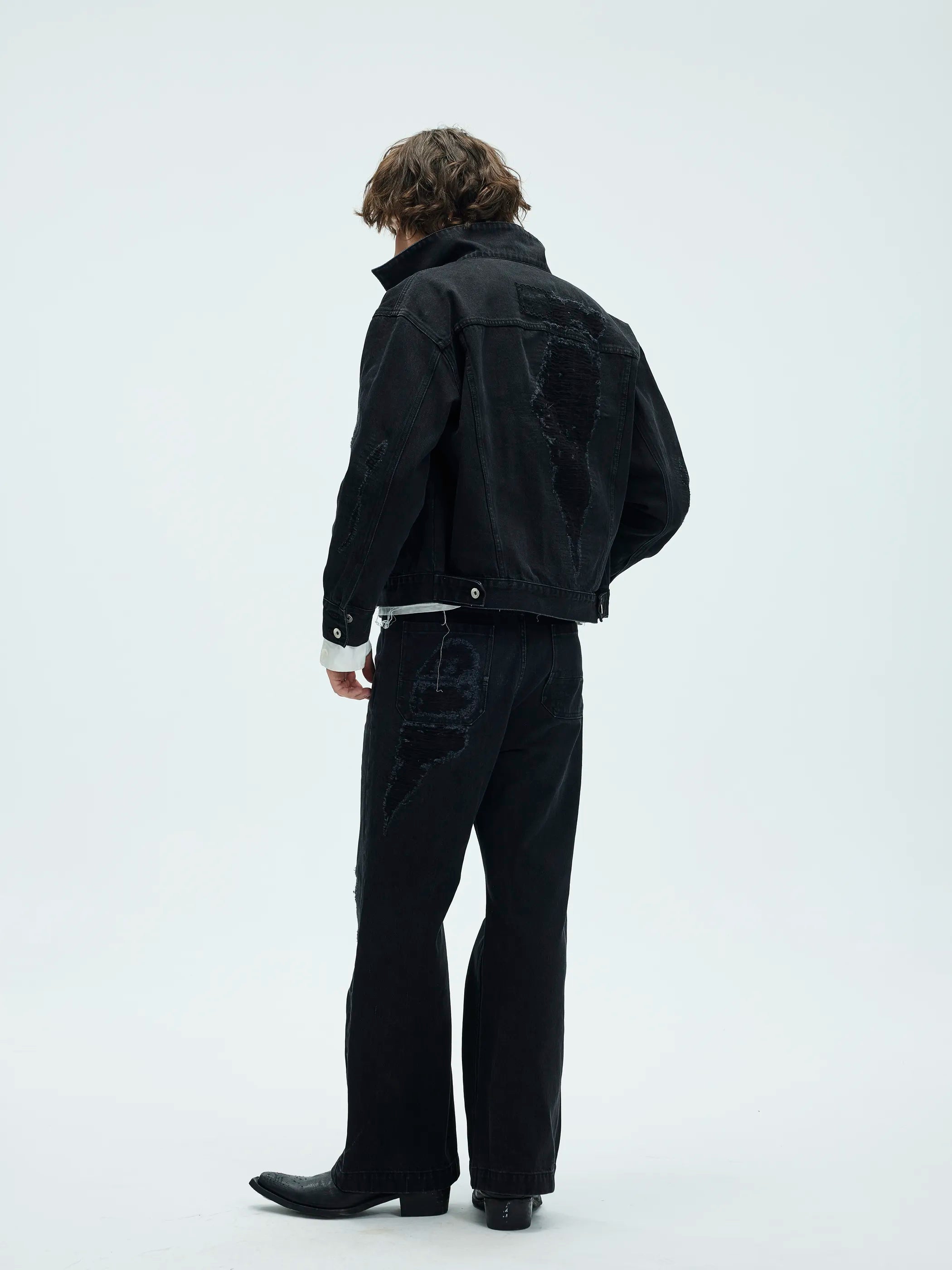 Model shot of Distressed Washed Denim Jacket 7