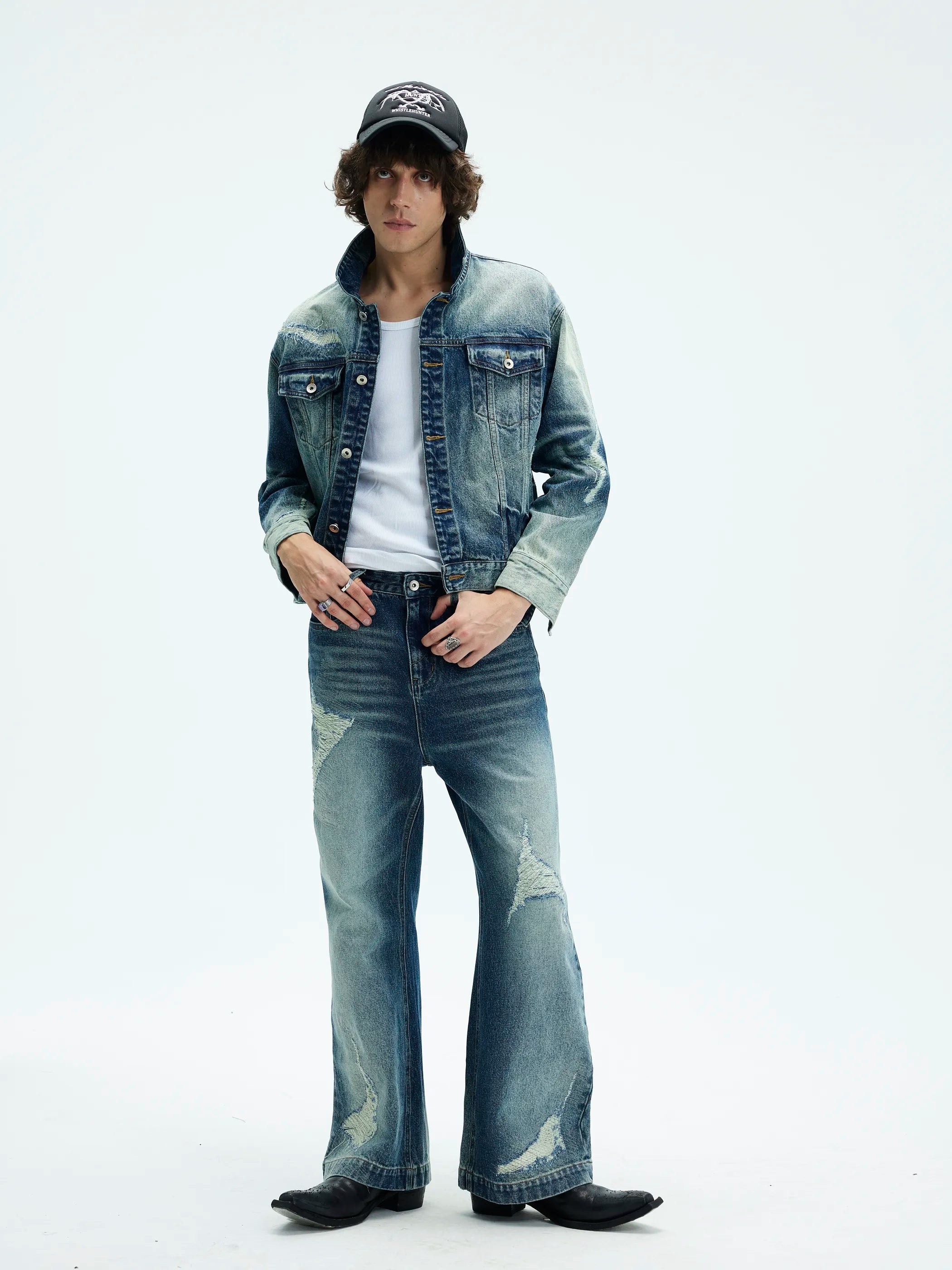 Model shot of Distressed Washed Denim Jacket 2