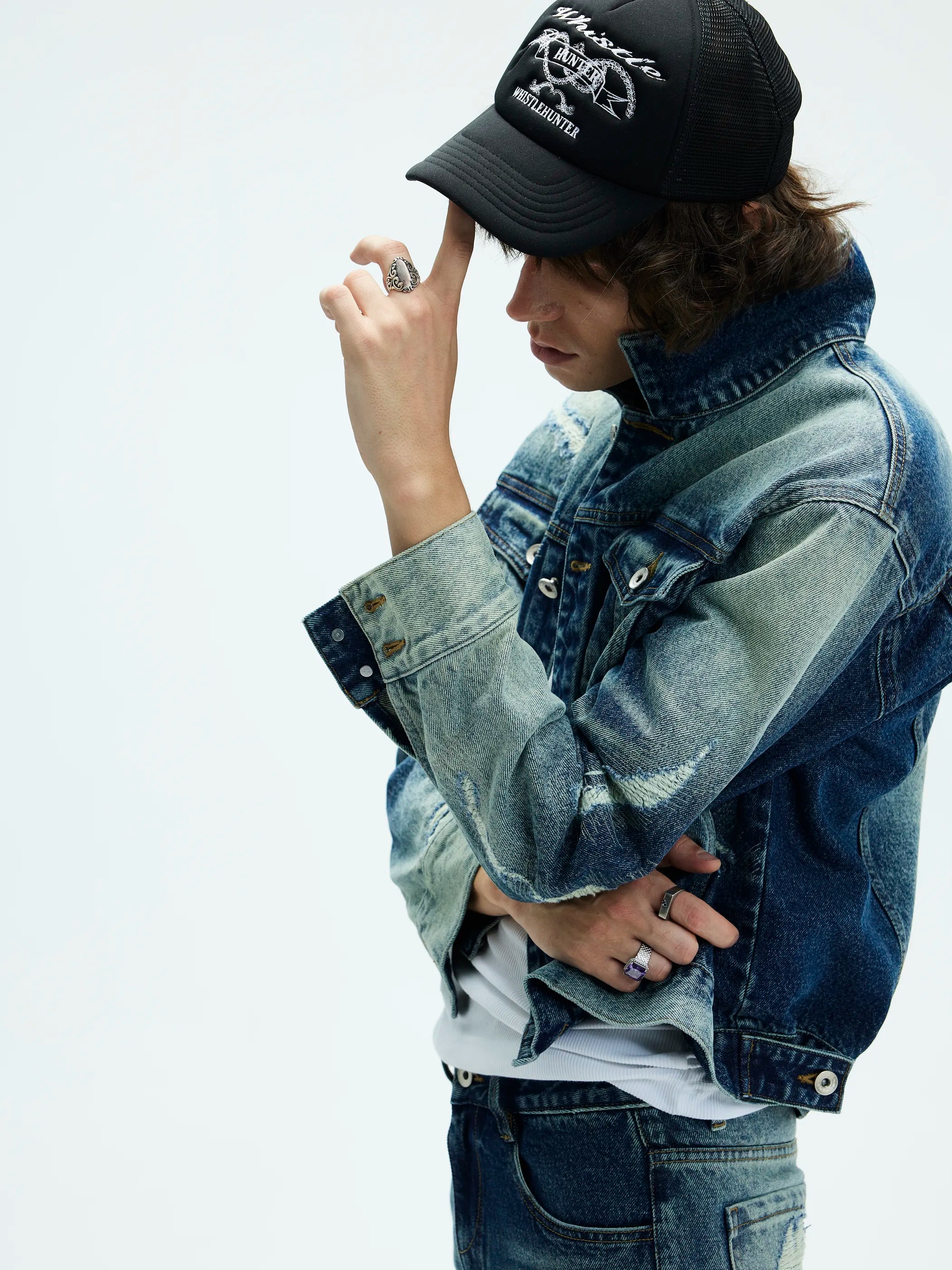 Model shot of Distressed Washed Denim Jacket 3