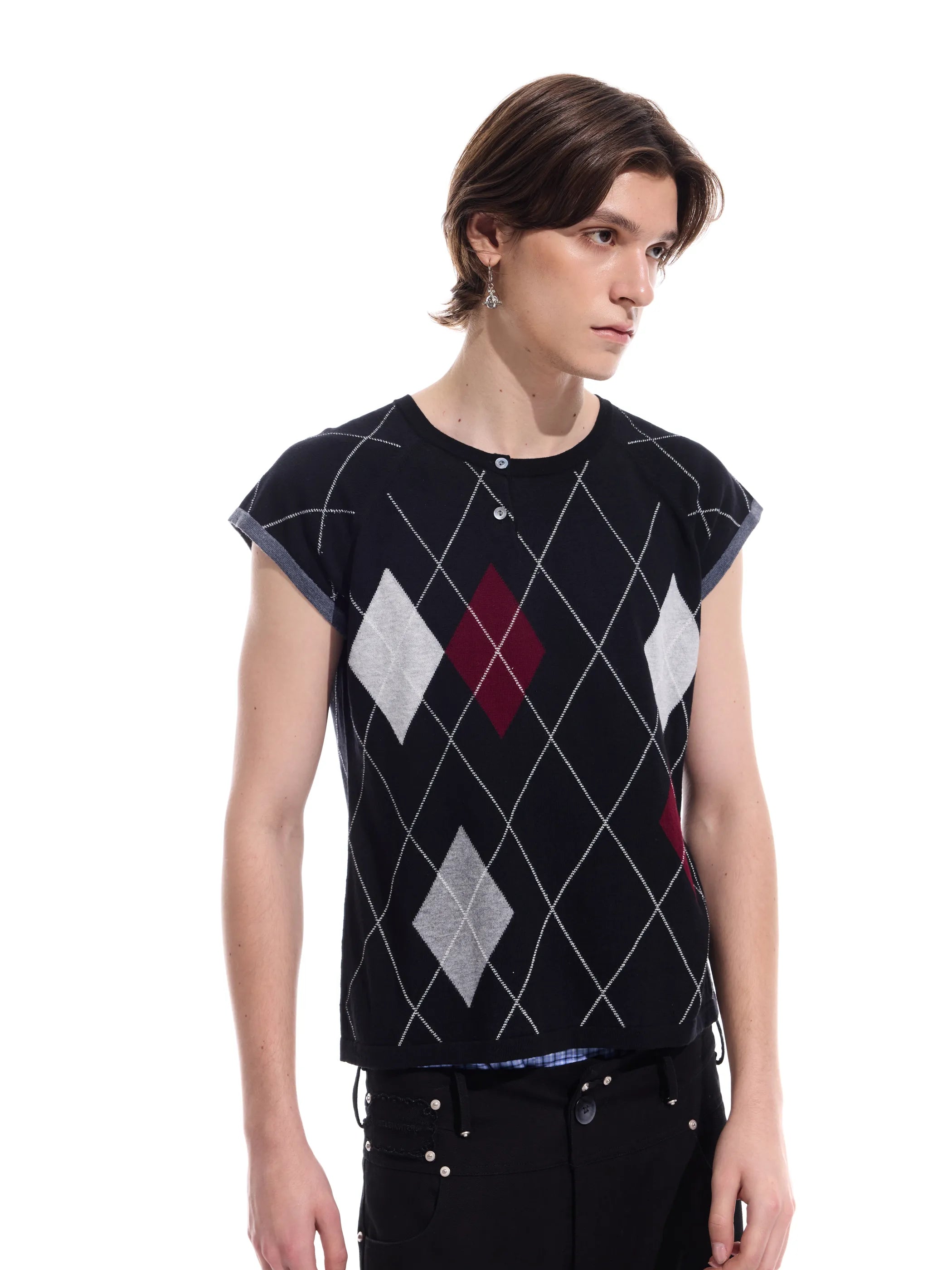 Intarsia check pure cotton knit short-sleeve T