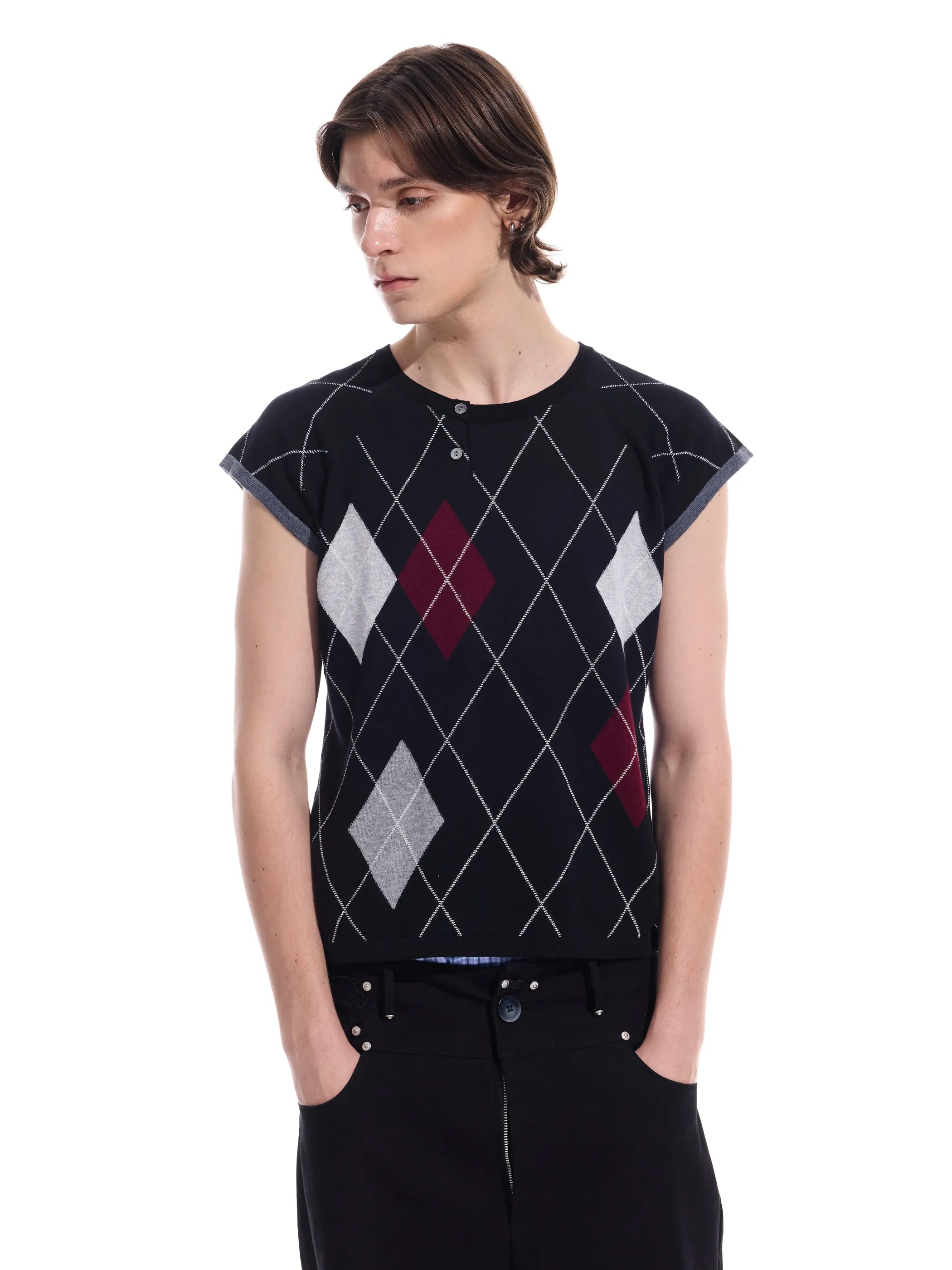 Intarsia check pure cotton knit short-sleeve T