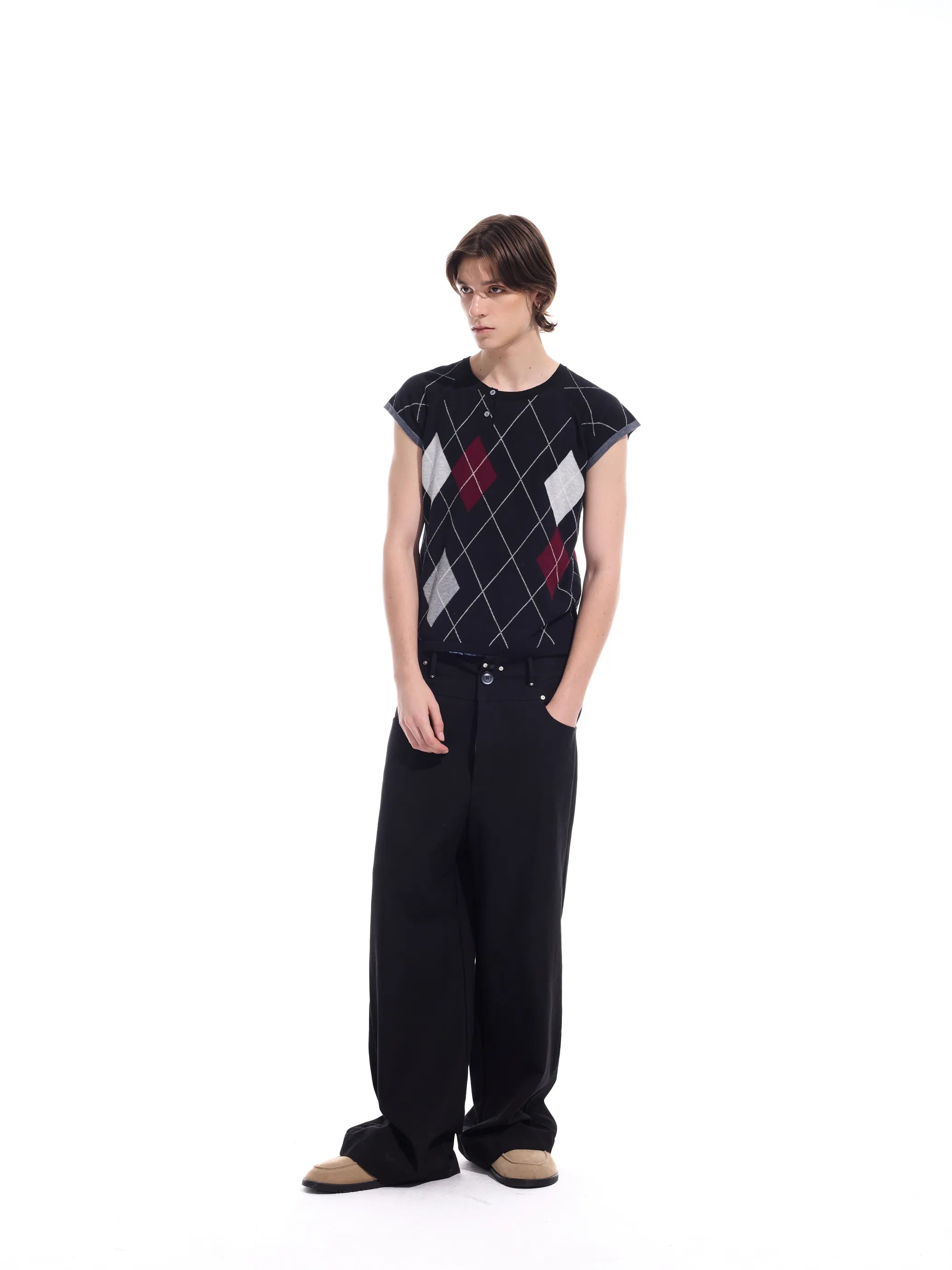 Intarsia check pure cotton knit short-sleeve T