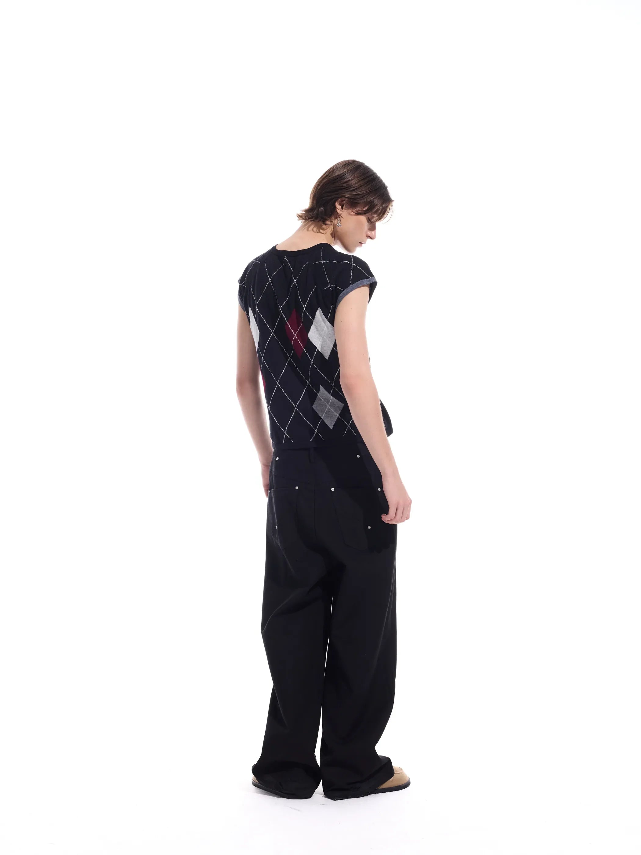 Intarsia check pure cotton knit short-sleeve T