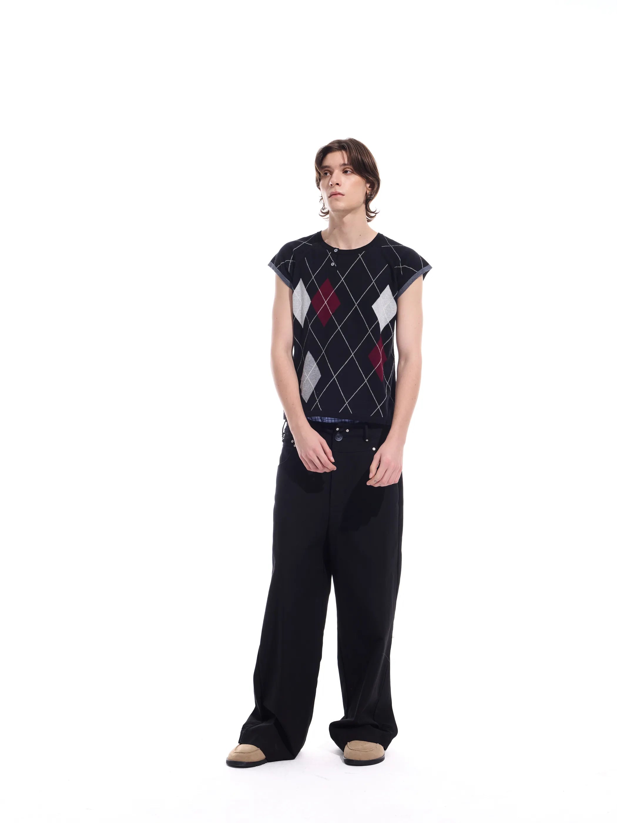 Intarsia check pure cotton knit short-sleeve T