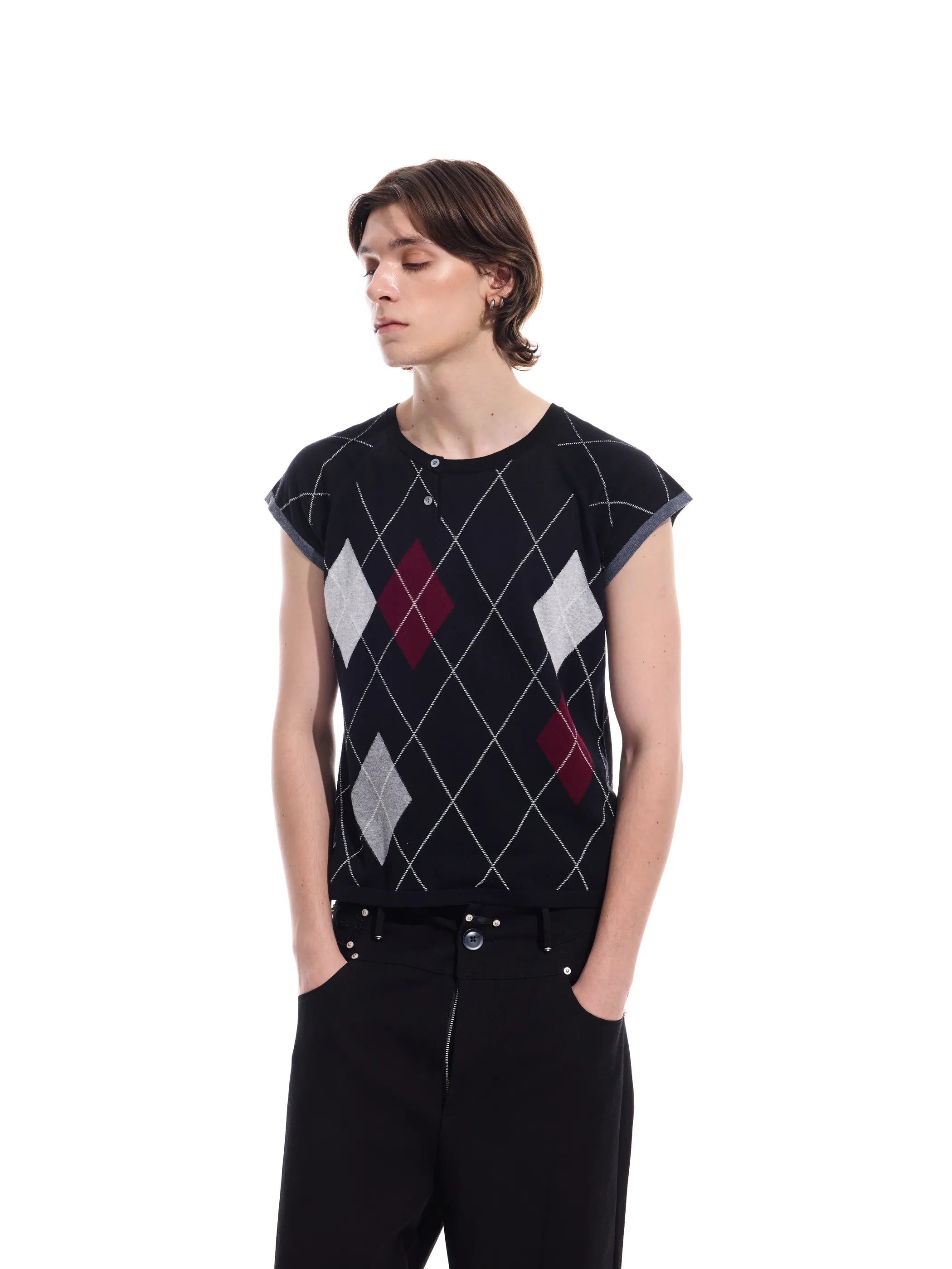 Intarsia check pure cotton knit short-sleeve T