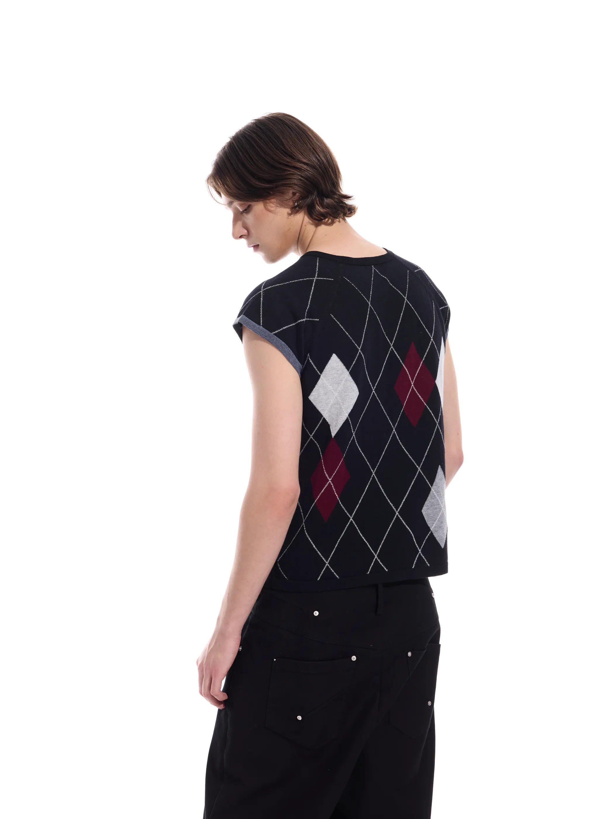 Intarsia check pure cotton knit short-sleeve T