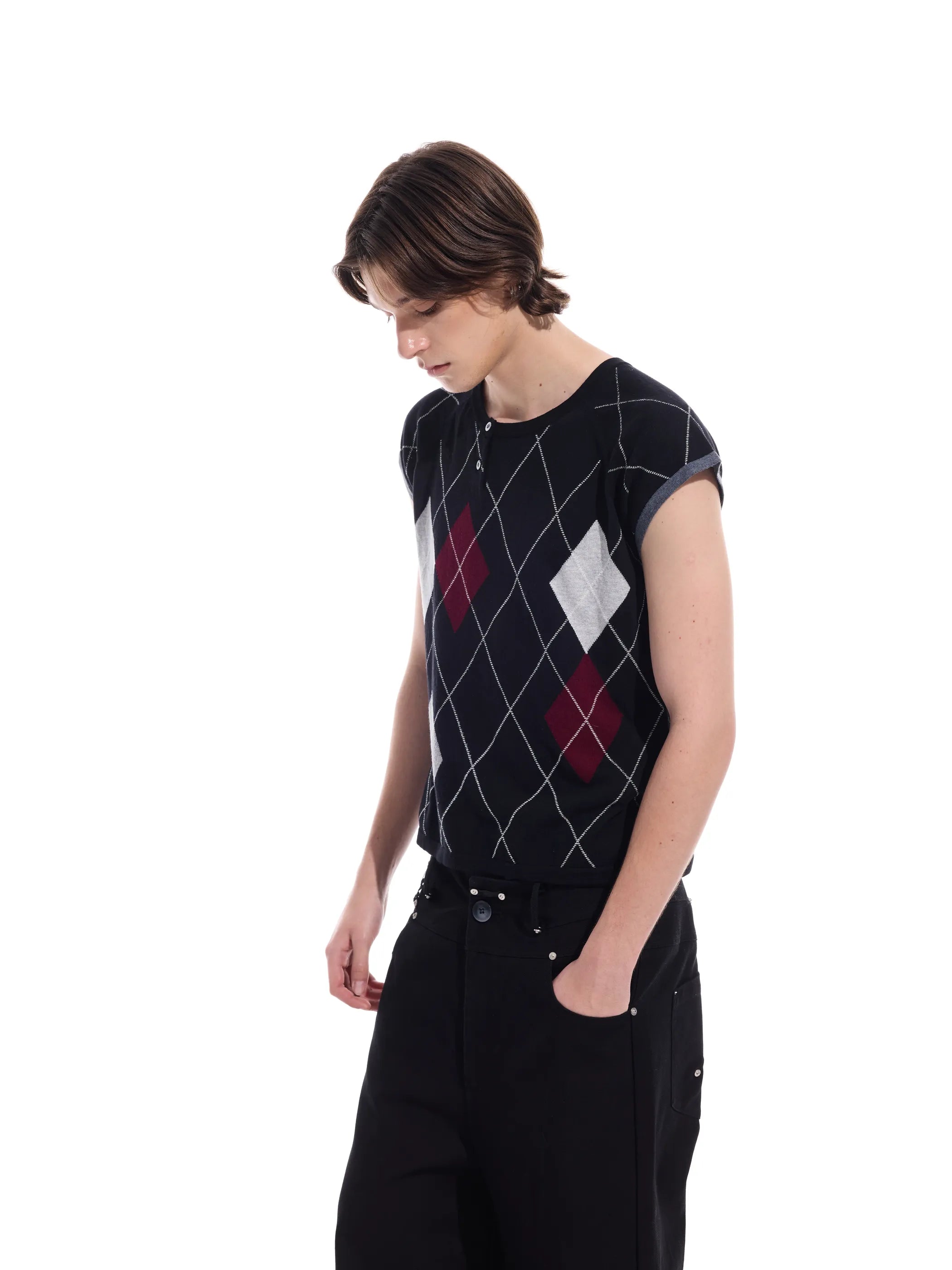 Intarsia check pure cotton knit short-sleeve T