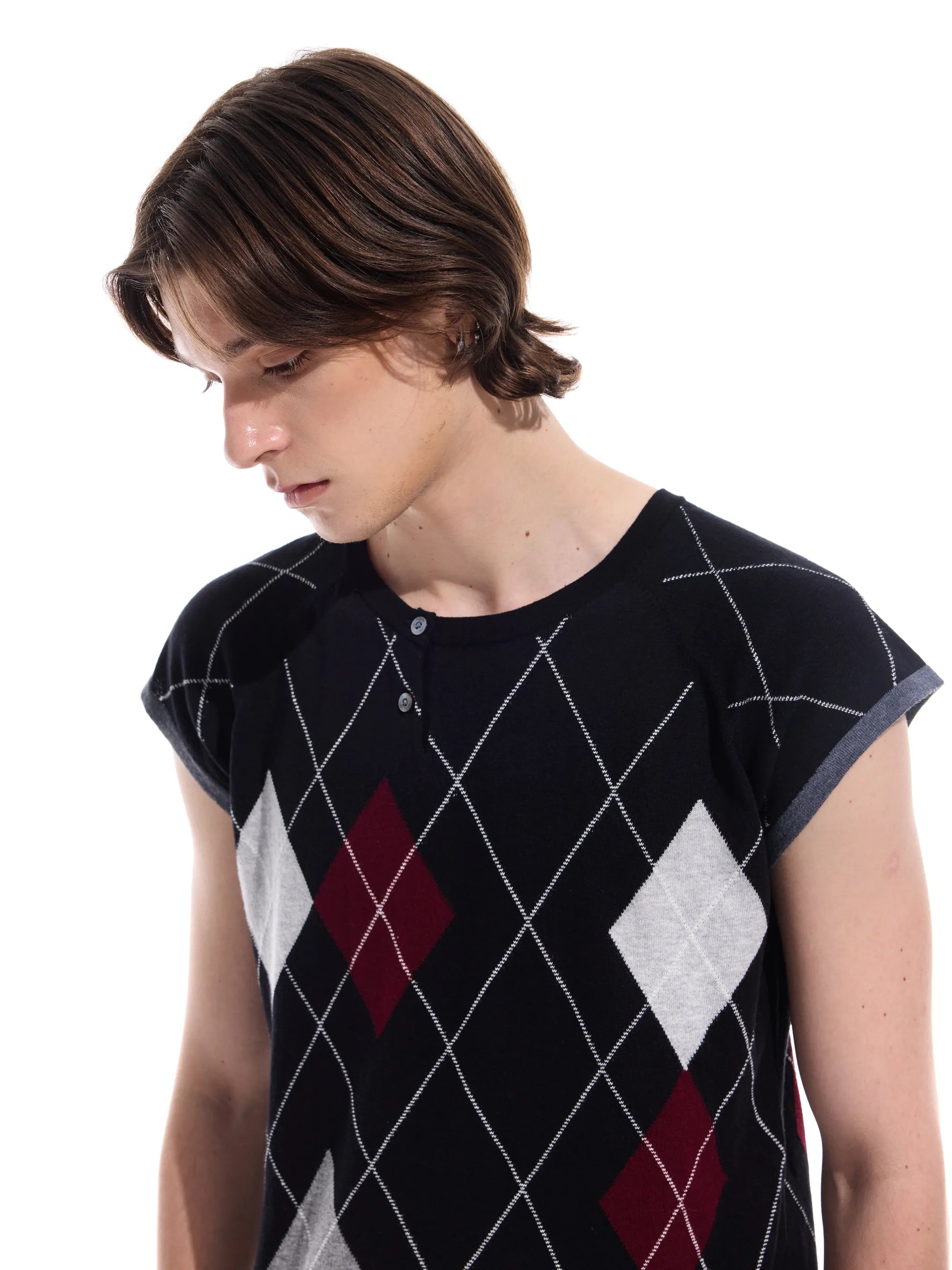 Intarsia check pure cotton knit short-sleeve T