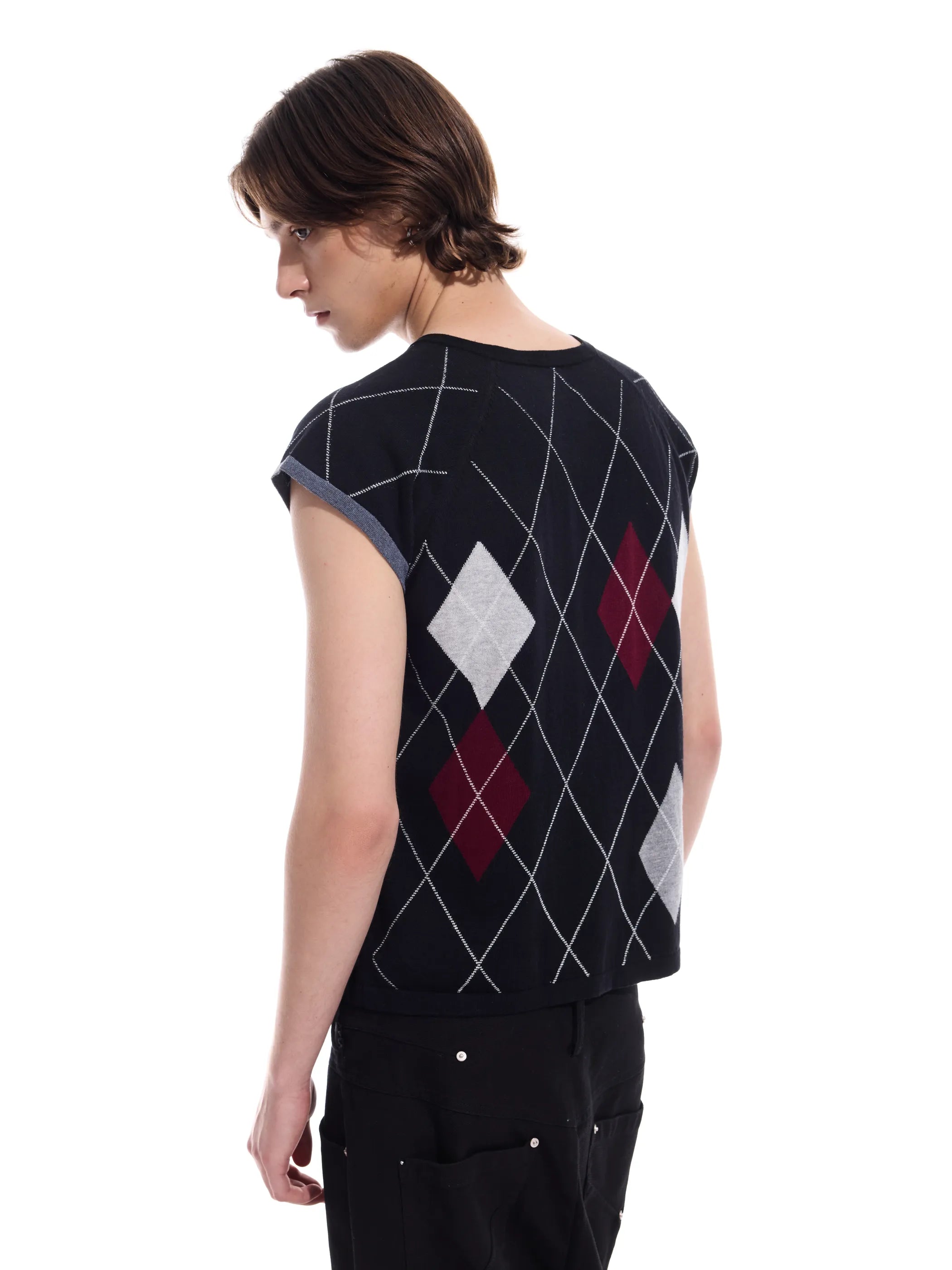 Intarsia check pure cotton knit short-sleeve T