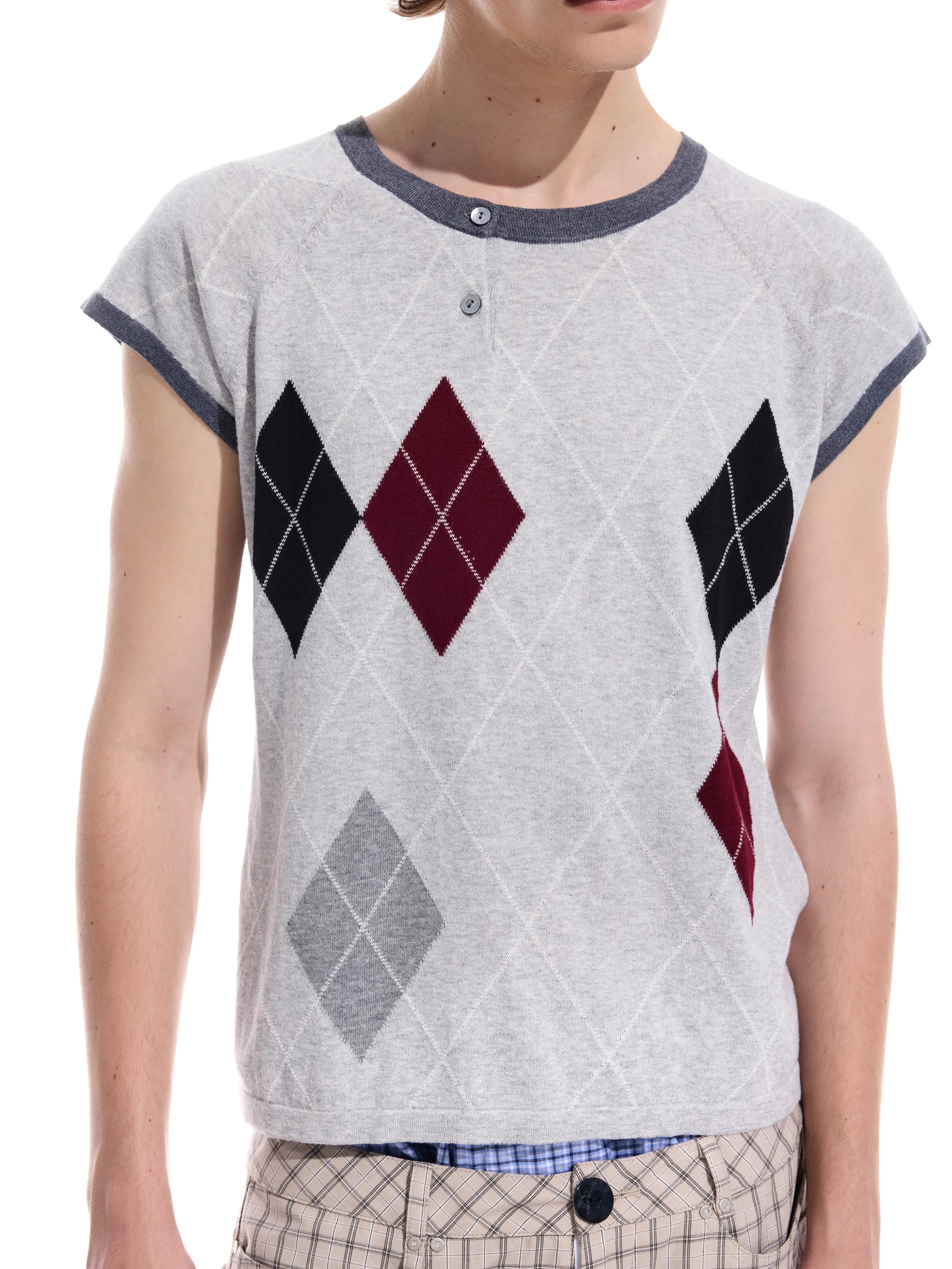 Intarsia check pure cotton knit short-sleeve T