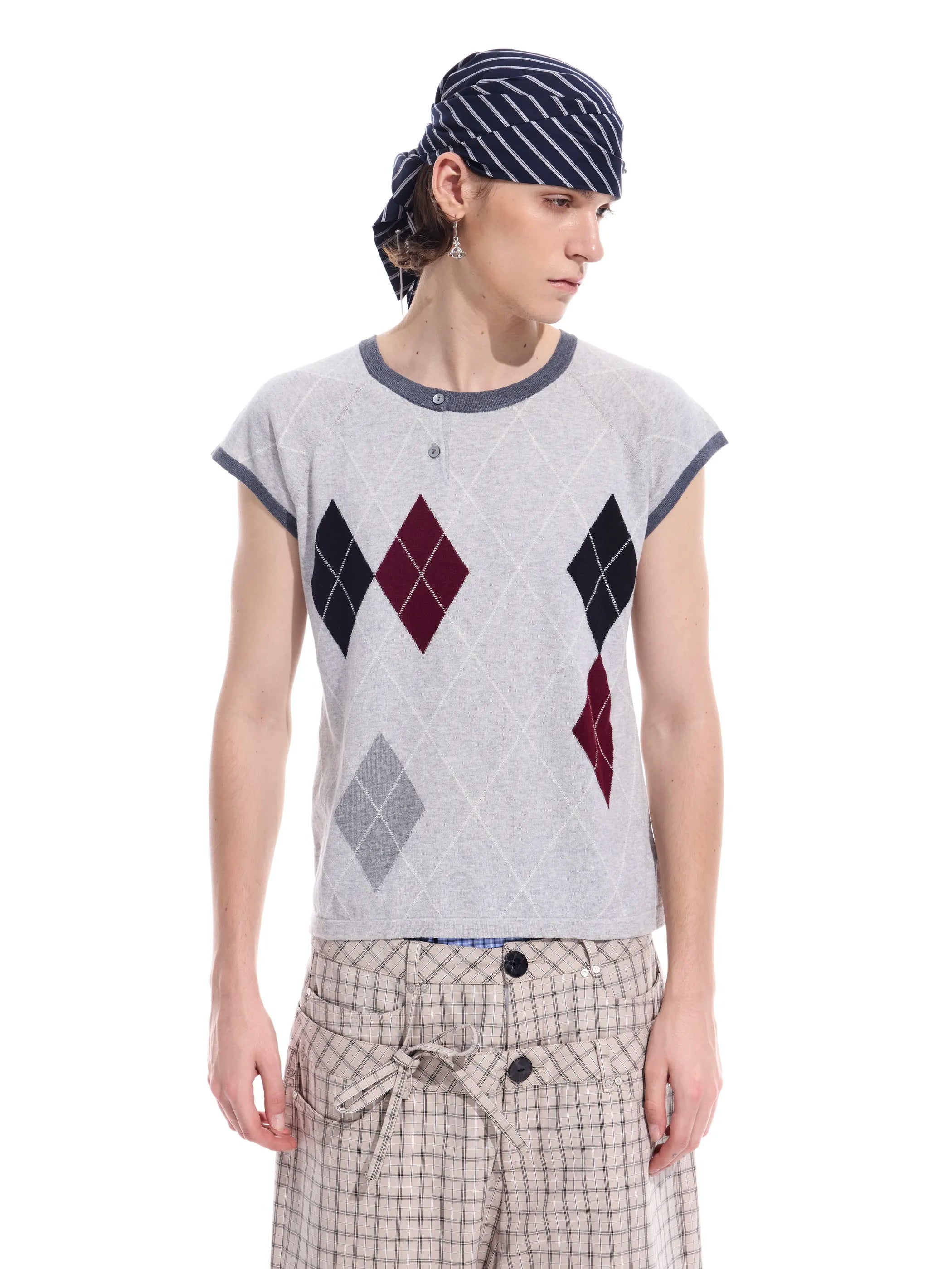 Intarsia check pure cotton knit short-sleeve T