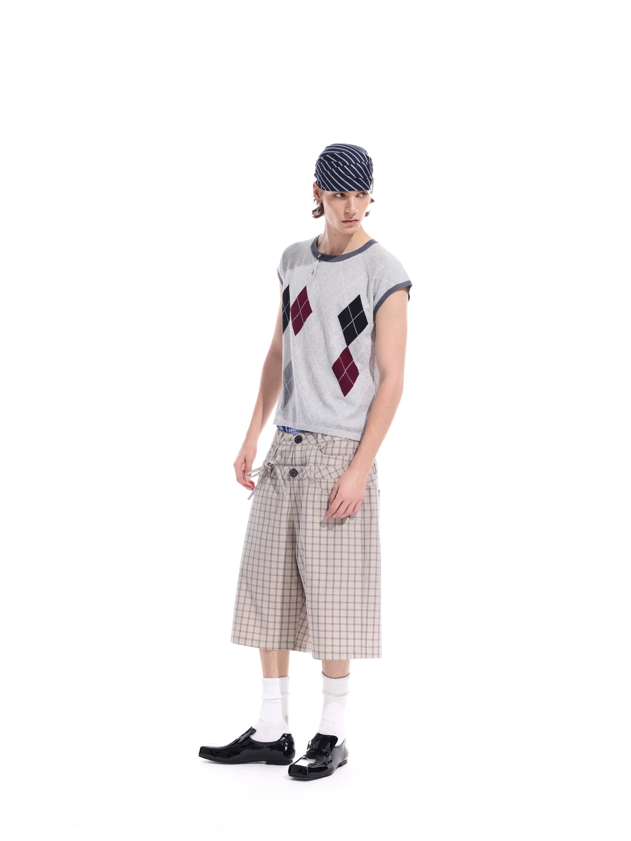 Intarsia check pure cotton knit short-sleeve T