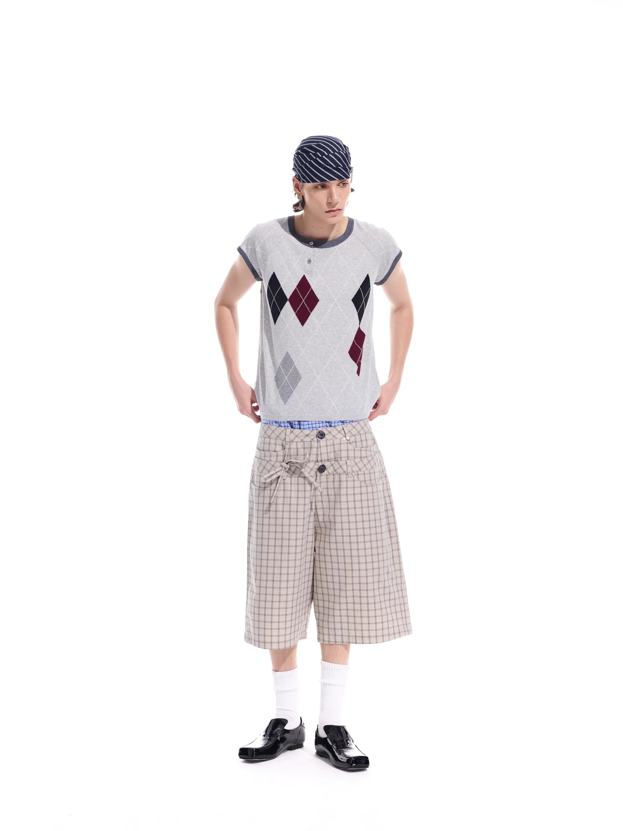 Intarsia check pure cotton knit short-sleeve T
