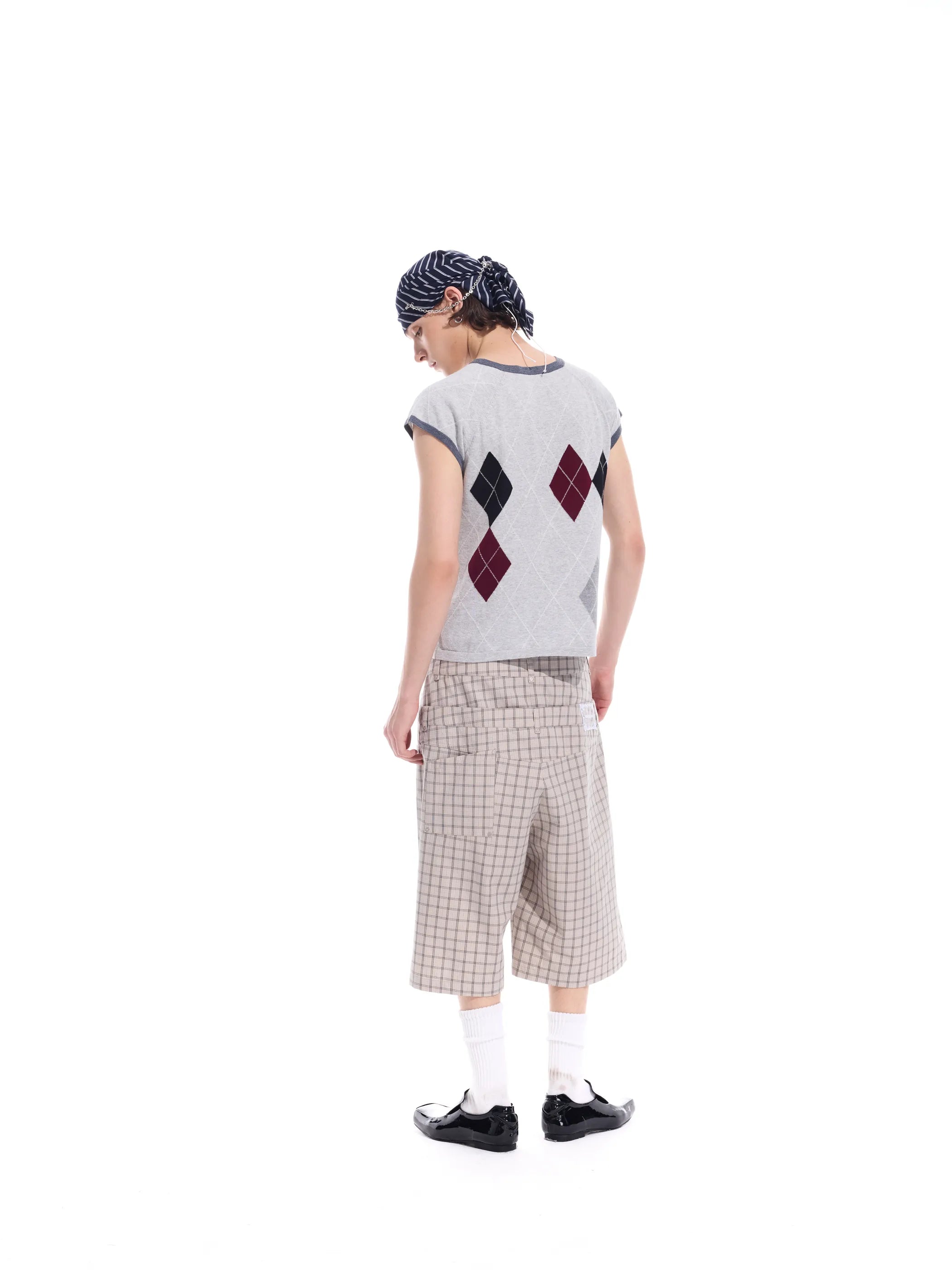 Intarsia check pure cotton knit short-sleeve T
