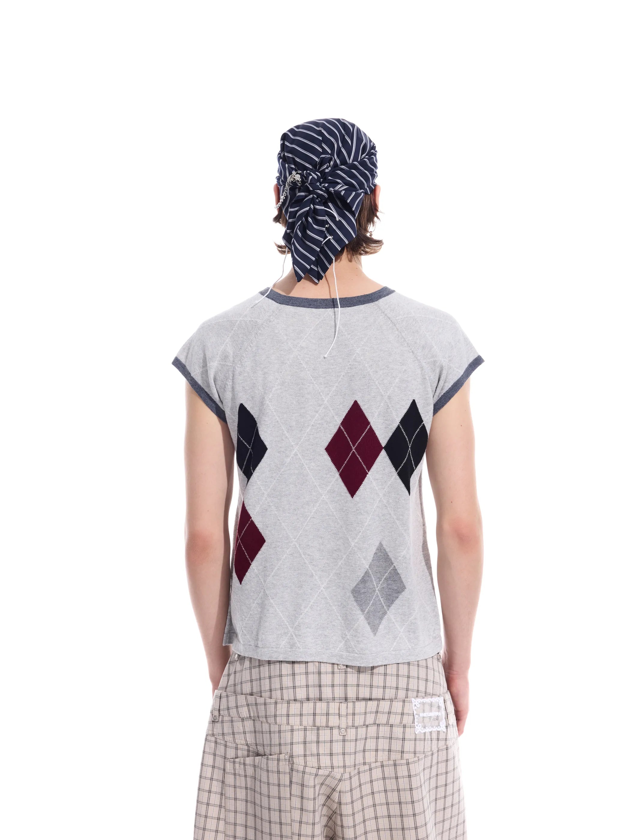 Intarsia check pure cotton knit short-sleeve T