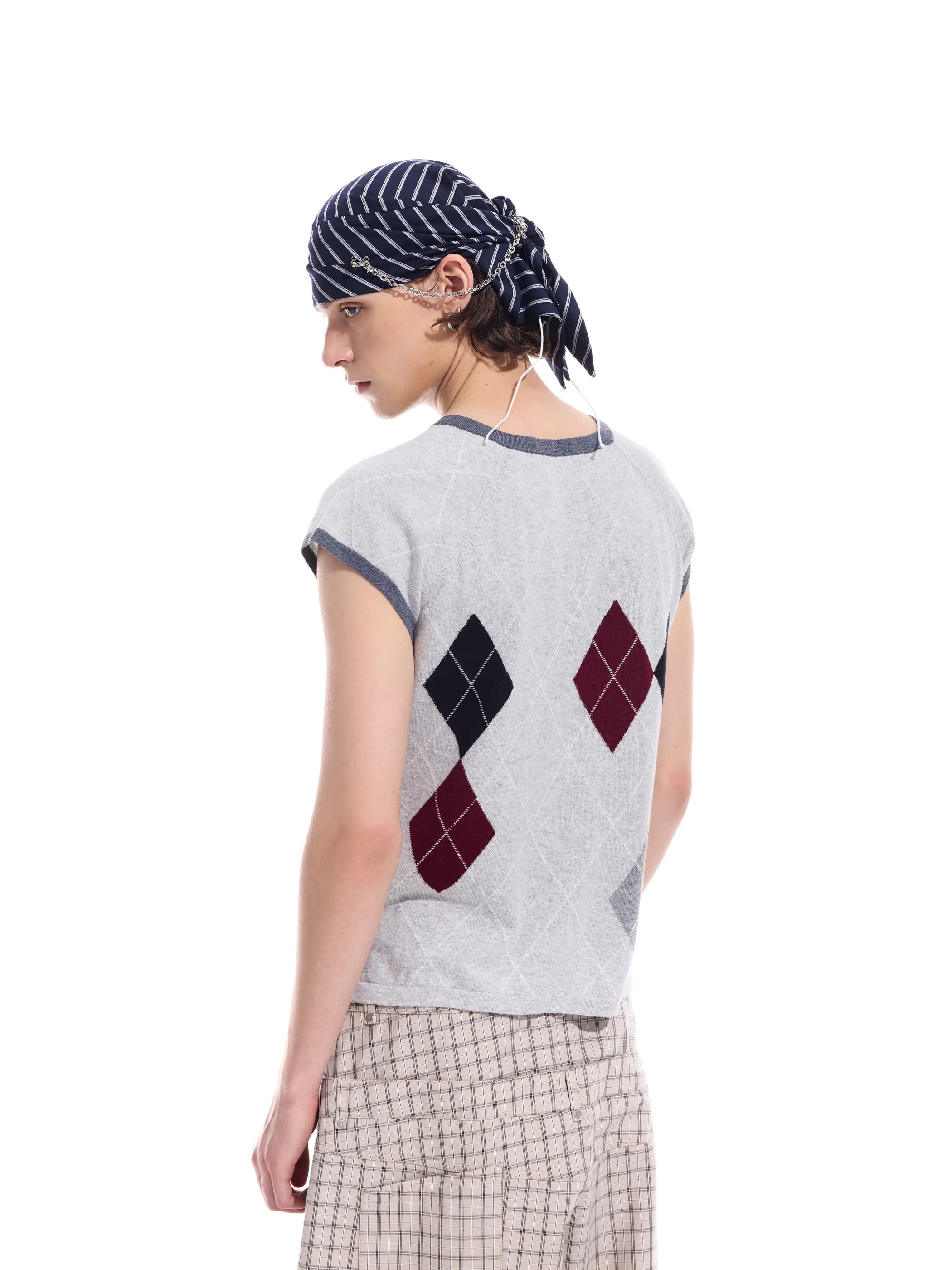 Intarsia check pure cotton knit short-sleeve T