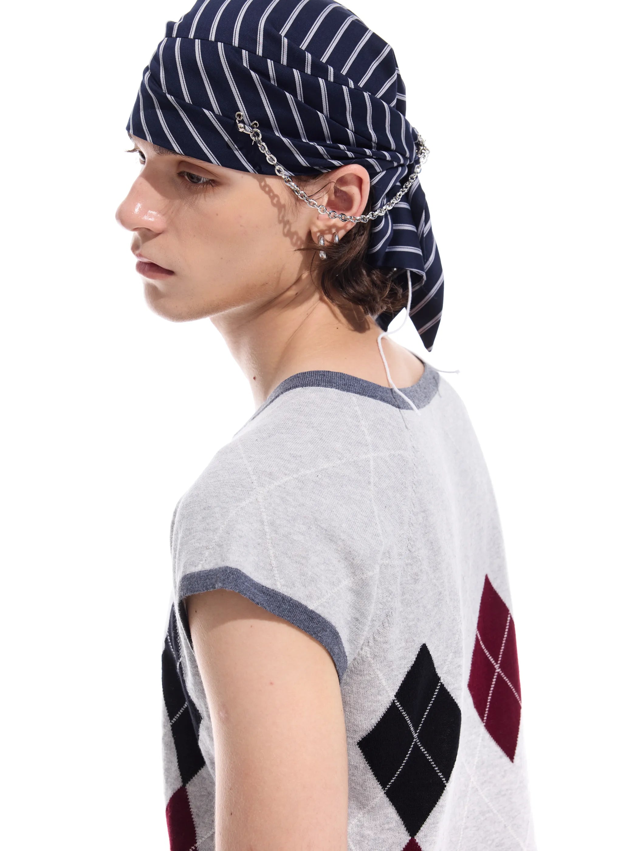 Intarsia check pure cotton knit short-sleeve T