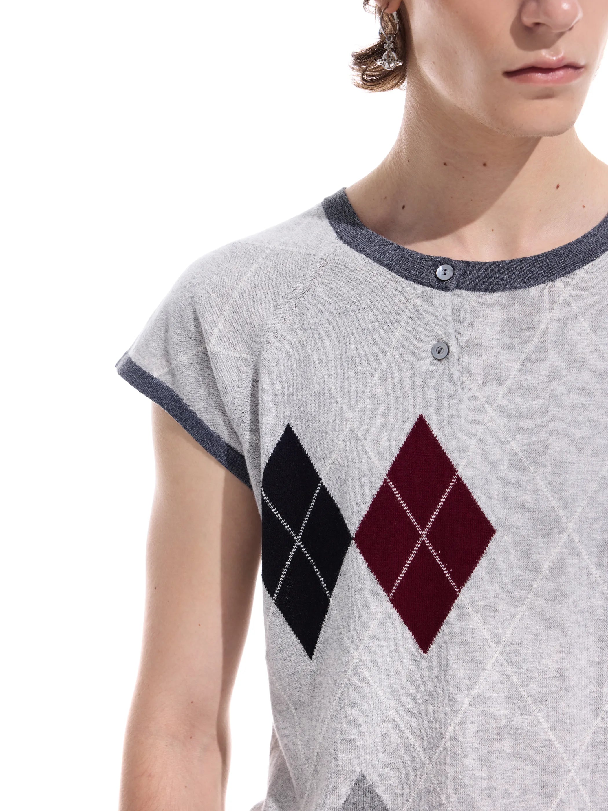 Intarsia check pure cotton knit short-sleeve T