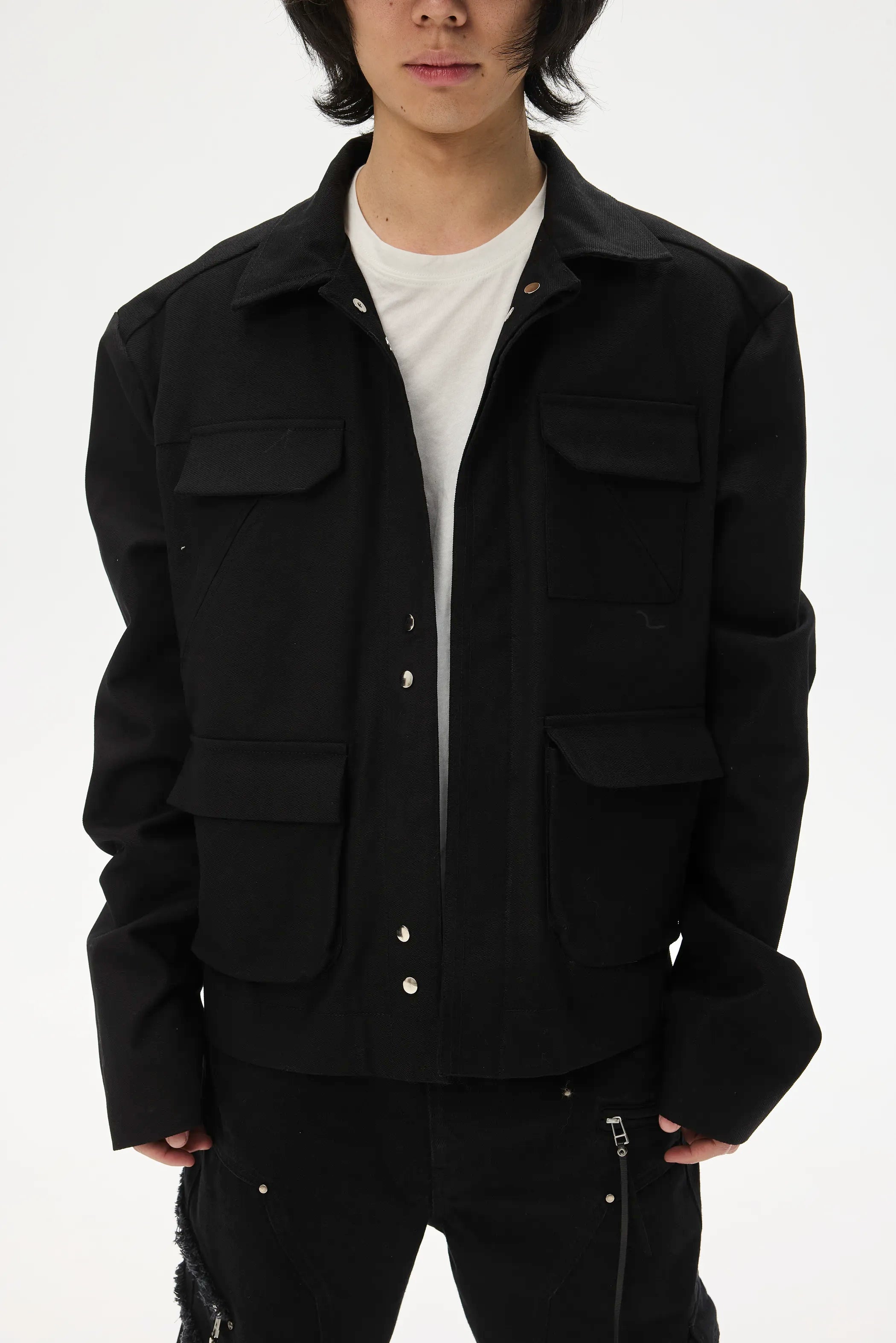 Model shot of Lace-Label Multi-Pocket Magnetic Closure Jacket 3