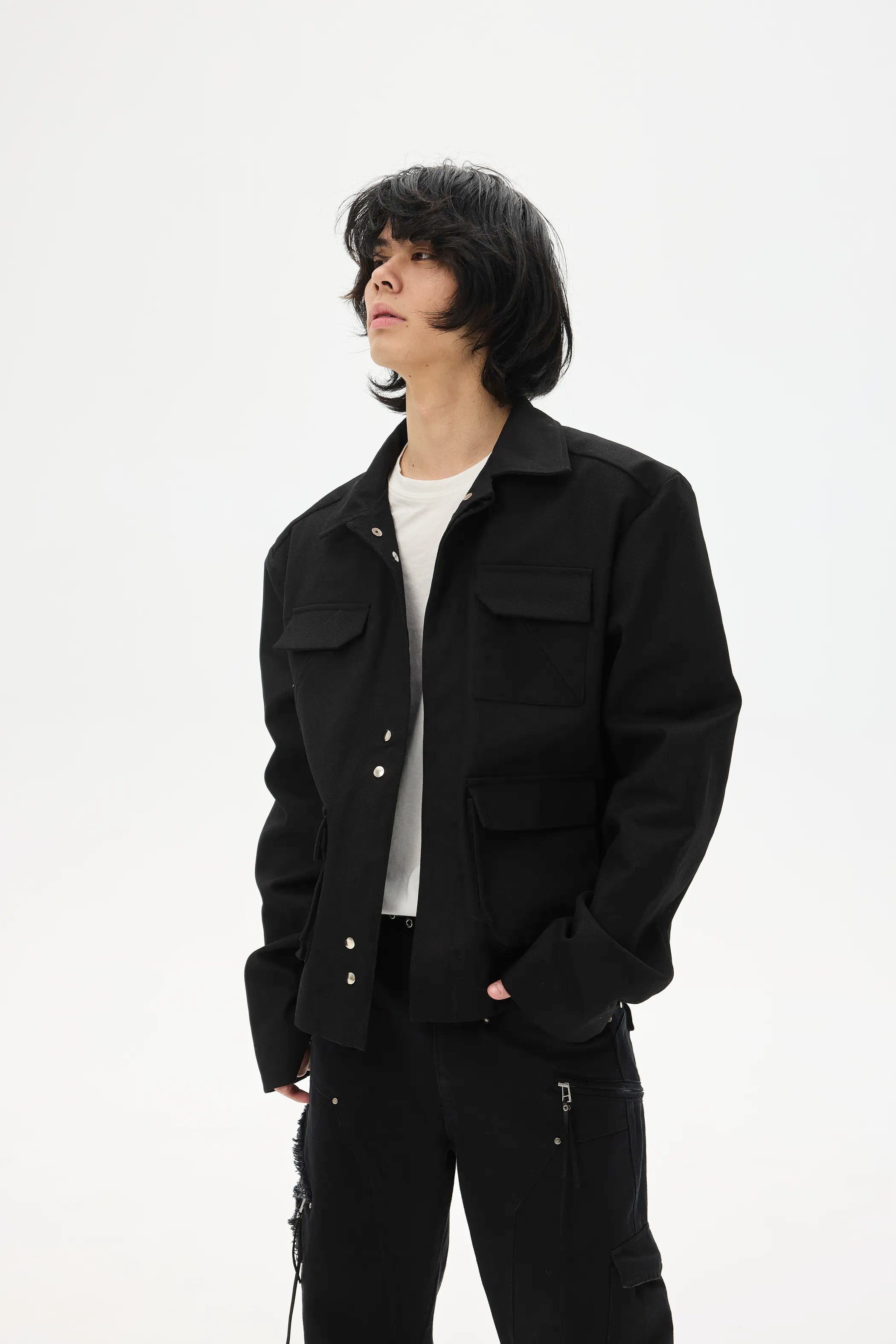 Model shot of Lace-Label Multi-Pocket Magnetic Closure Jacket 4