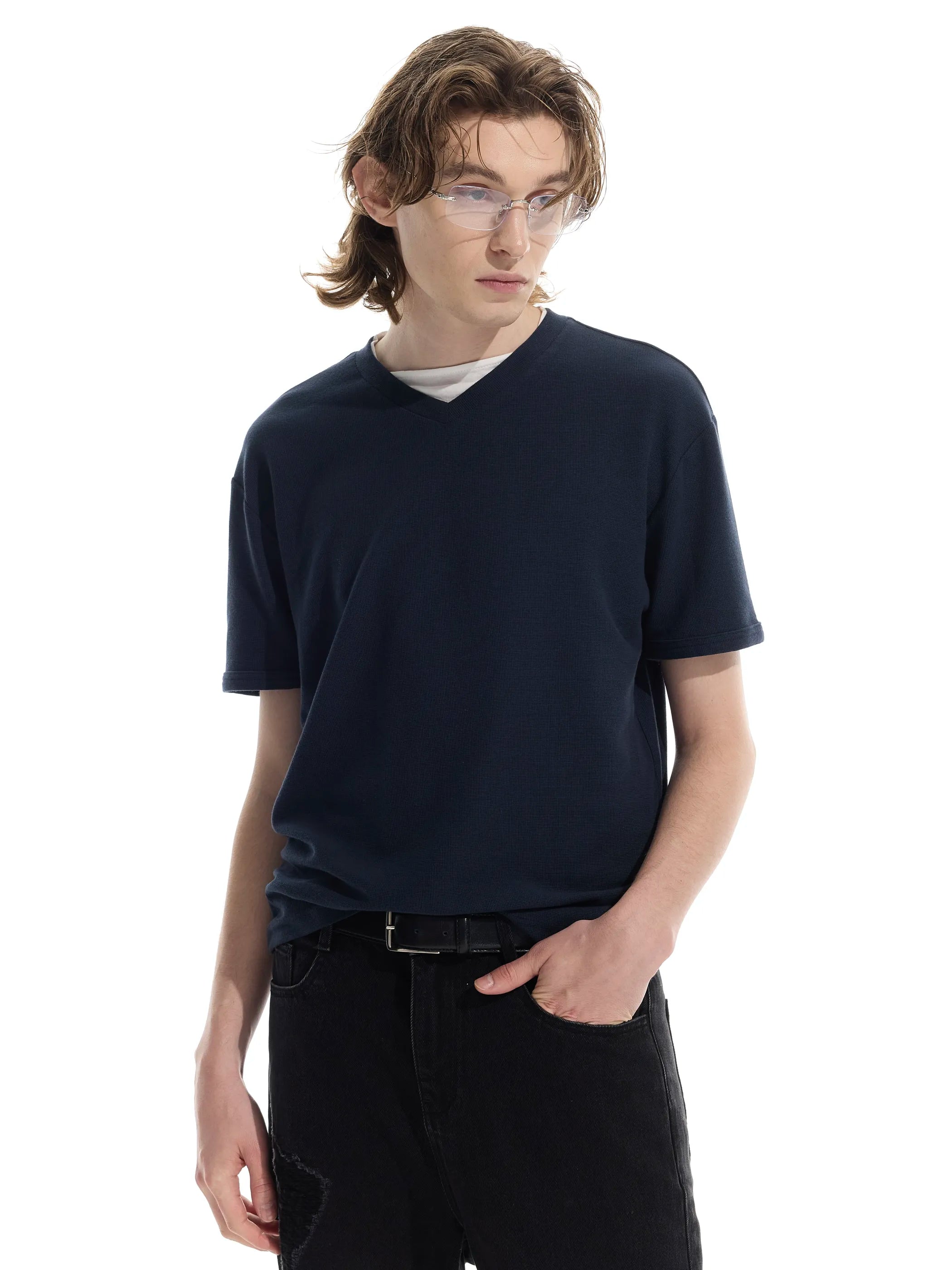 Patchwork V-neck waffle short-sleeved T-shirt
