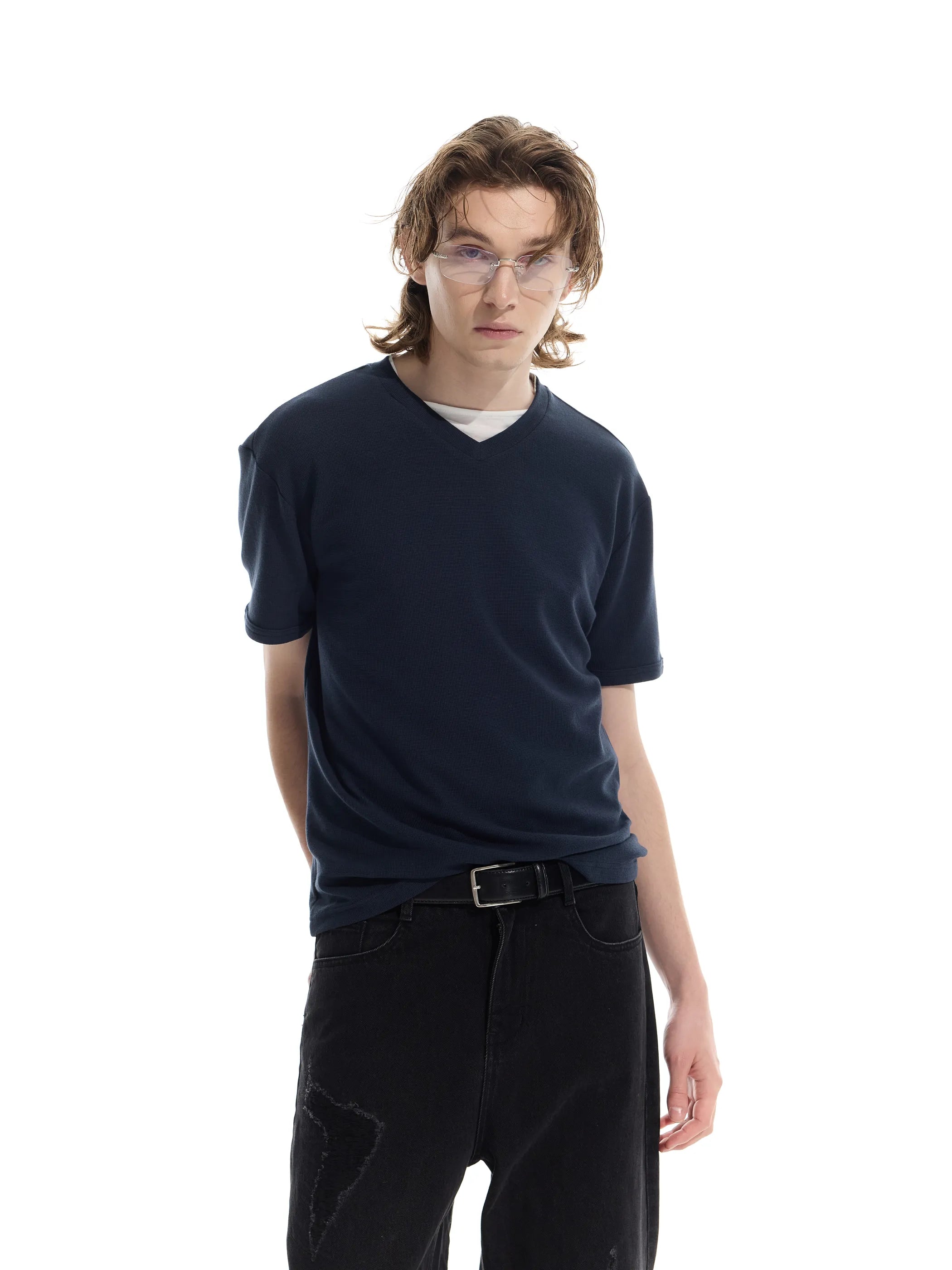 Patchwork V-neck waffle short-sleeved T-shirt