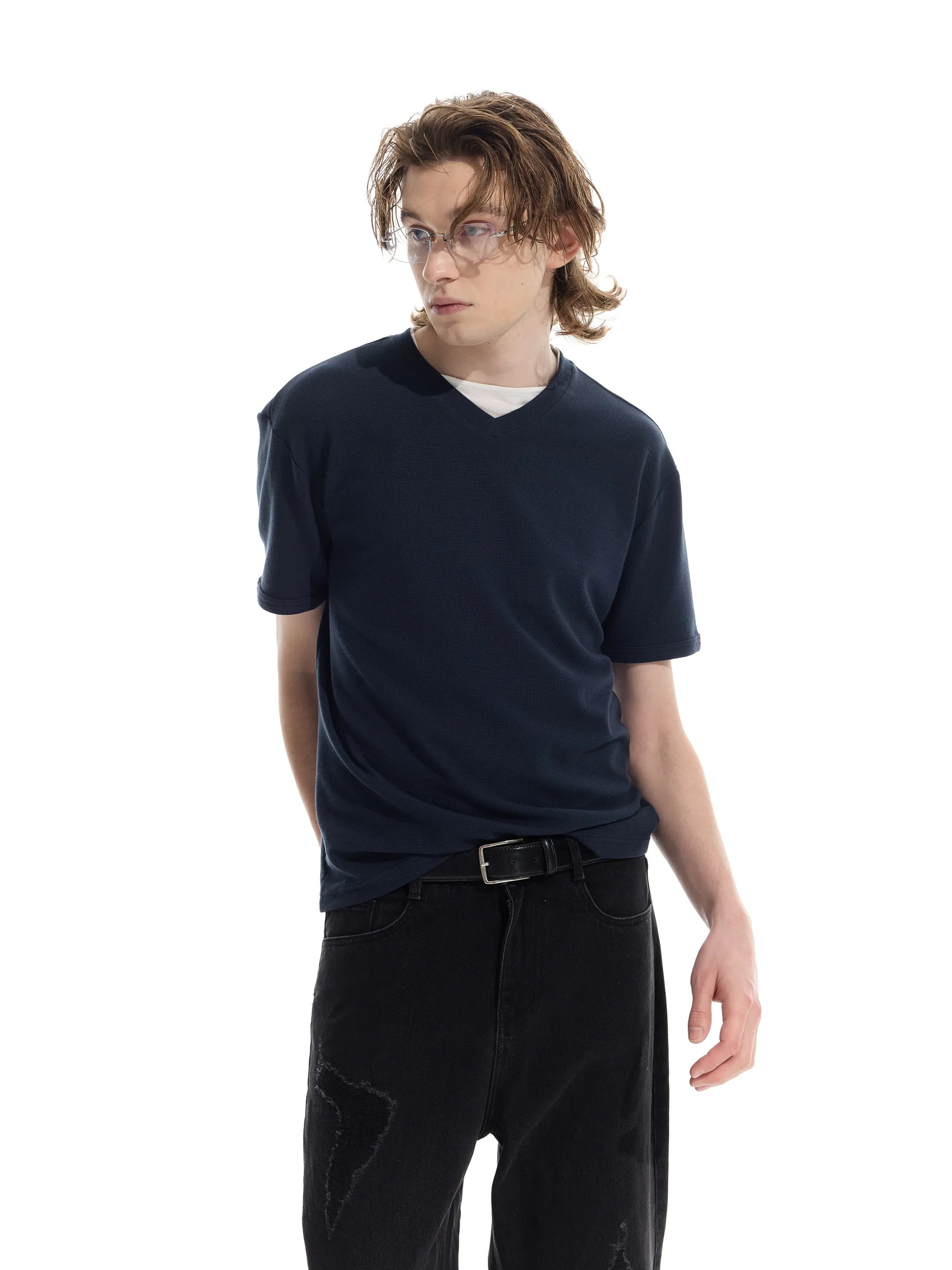 Patchwork V-neck waffle short-sleeved T-shirt