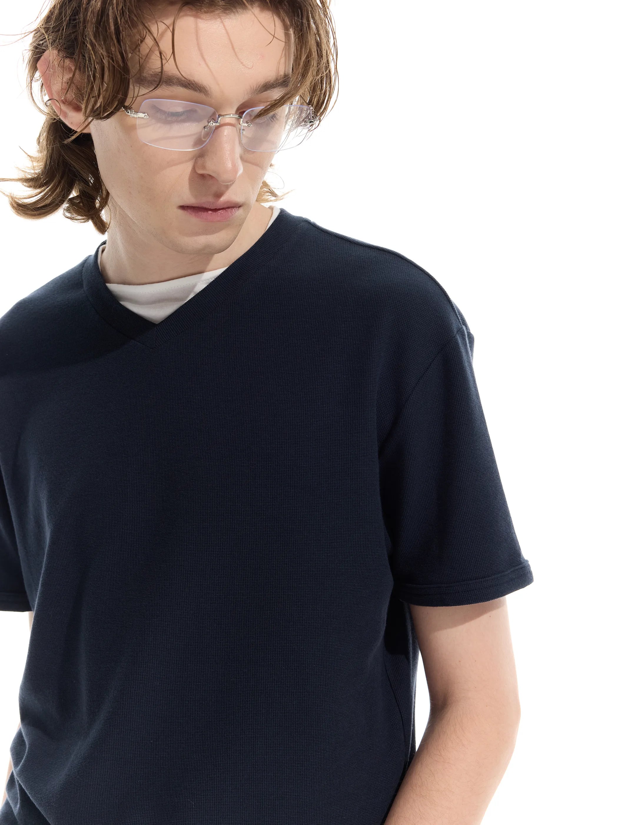 Patchwork V-neck waffle short-sleeved T-shirt