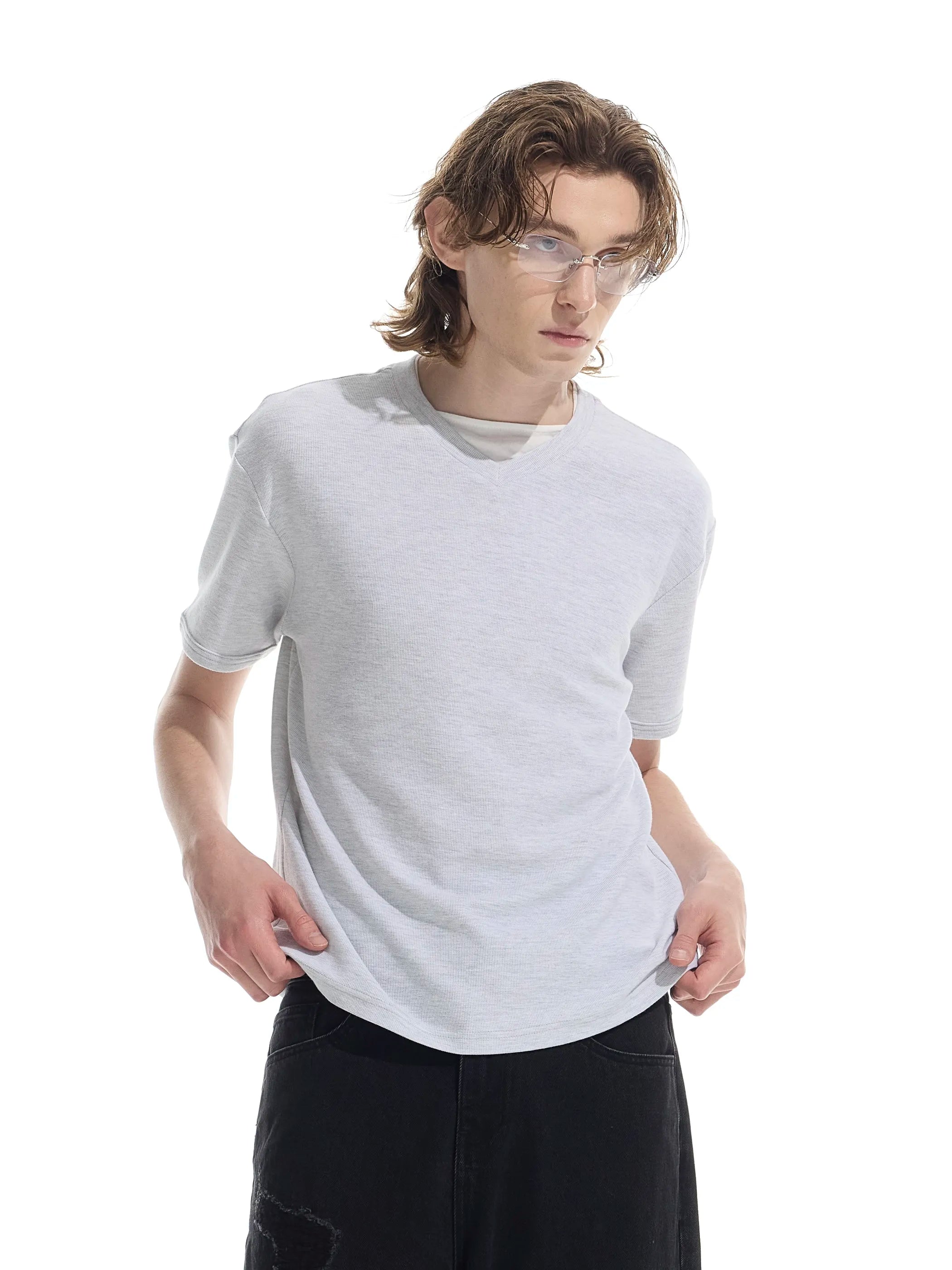 Patchwork V-neck waffle short-sleeved T-shirt