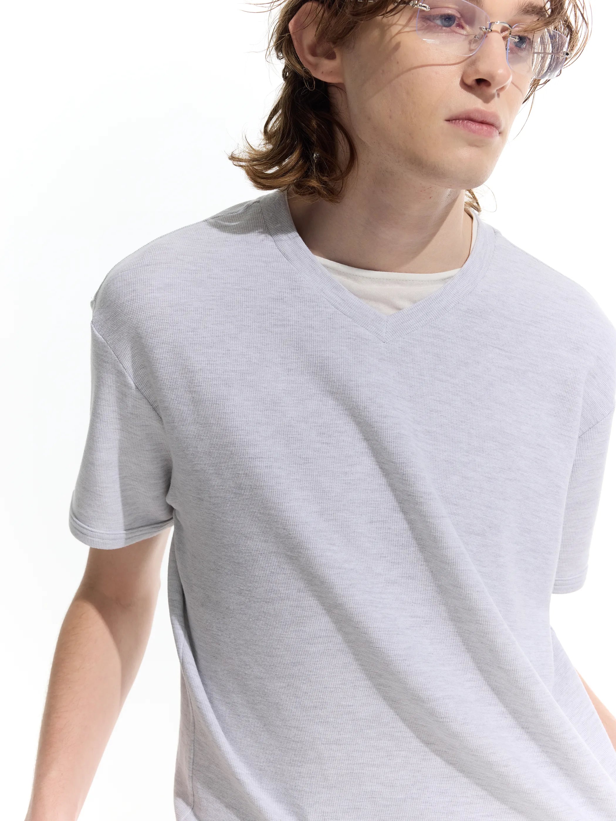 Patchwork V-neck waffle short-sleeved T-shirt