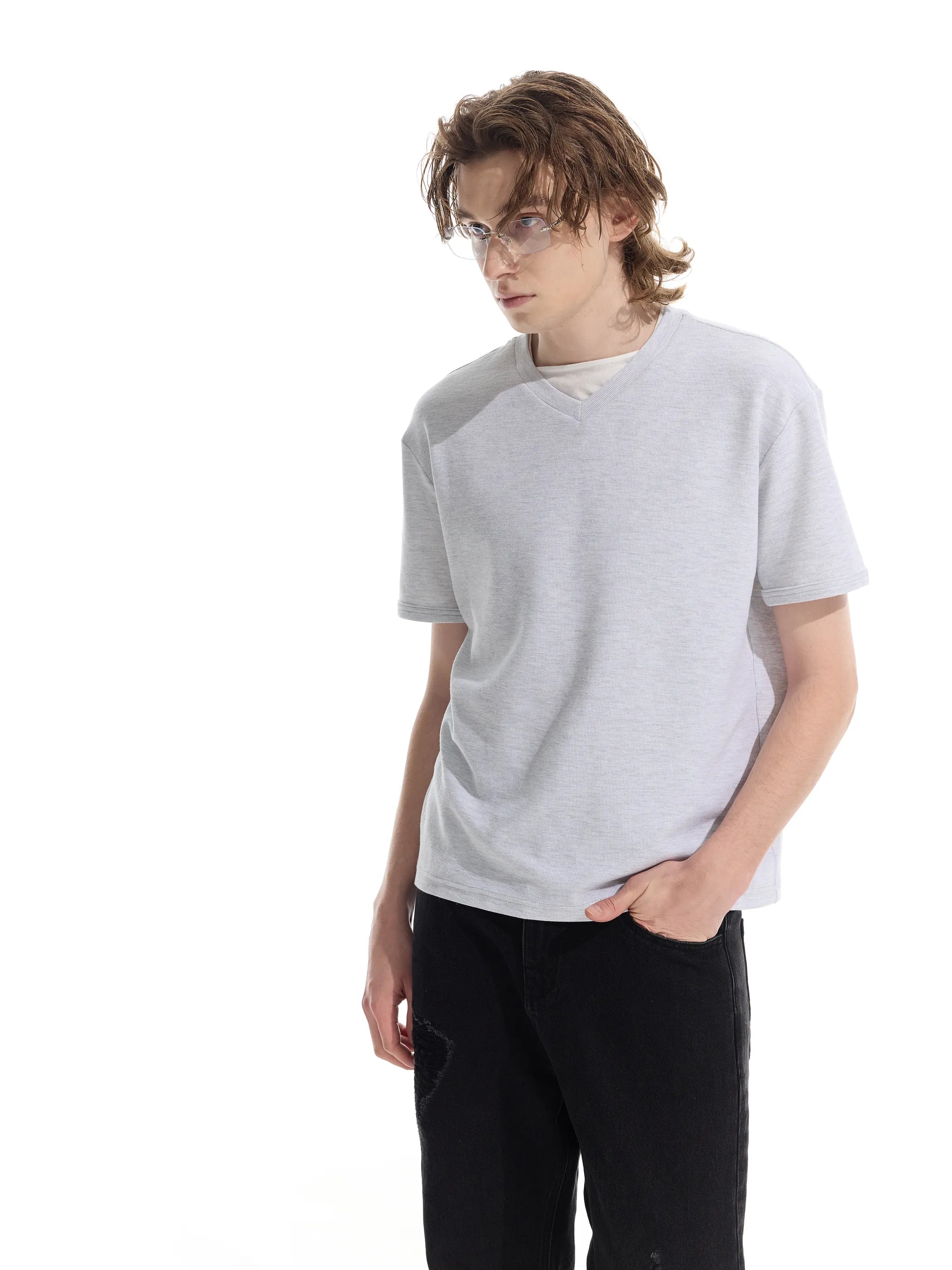 Patchwork V-neck waffle short-sleeved T-shirt