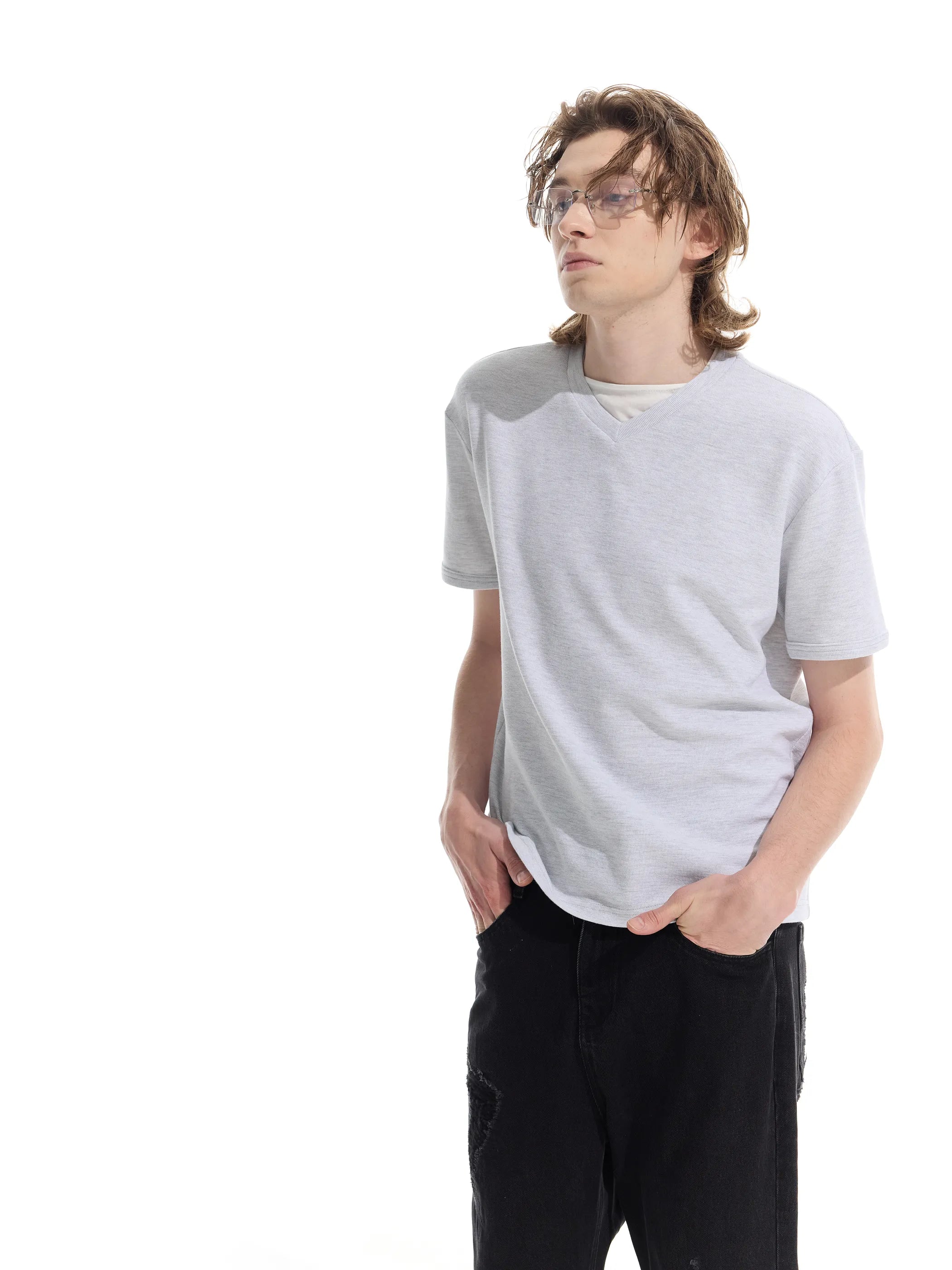 Patchwork V-neck waffle short-sleeved T-shirt