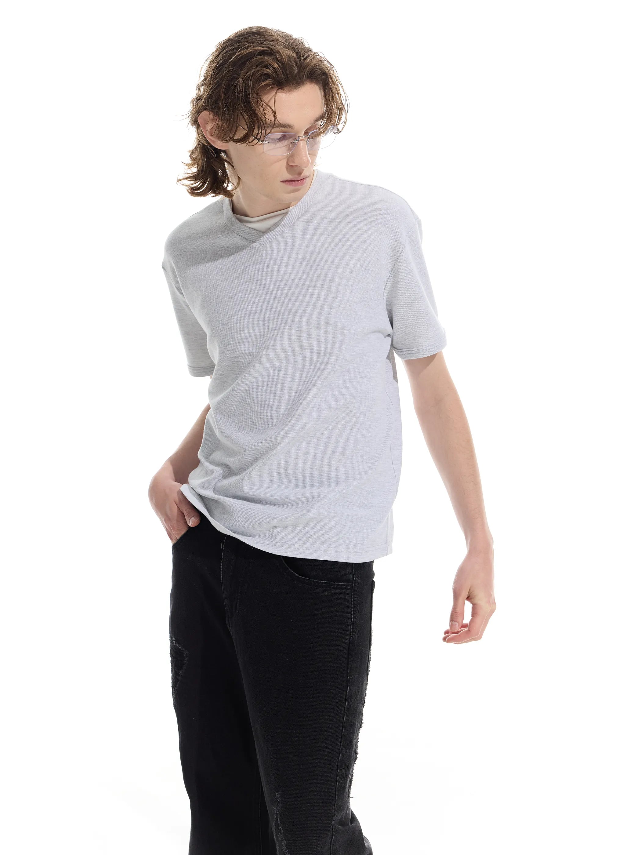 Patchwork V-neck waffle short-sleeved T-shirt