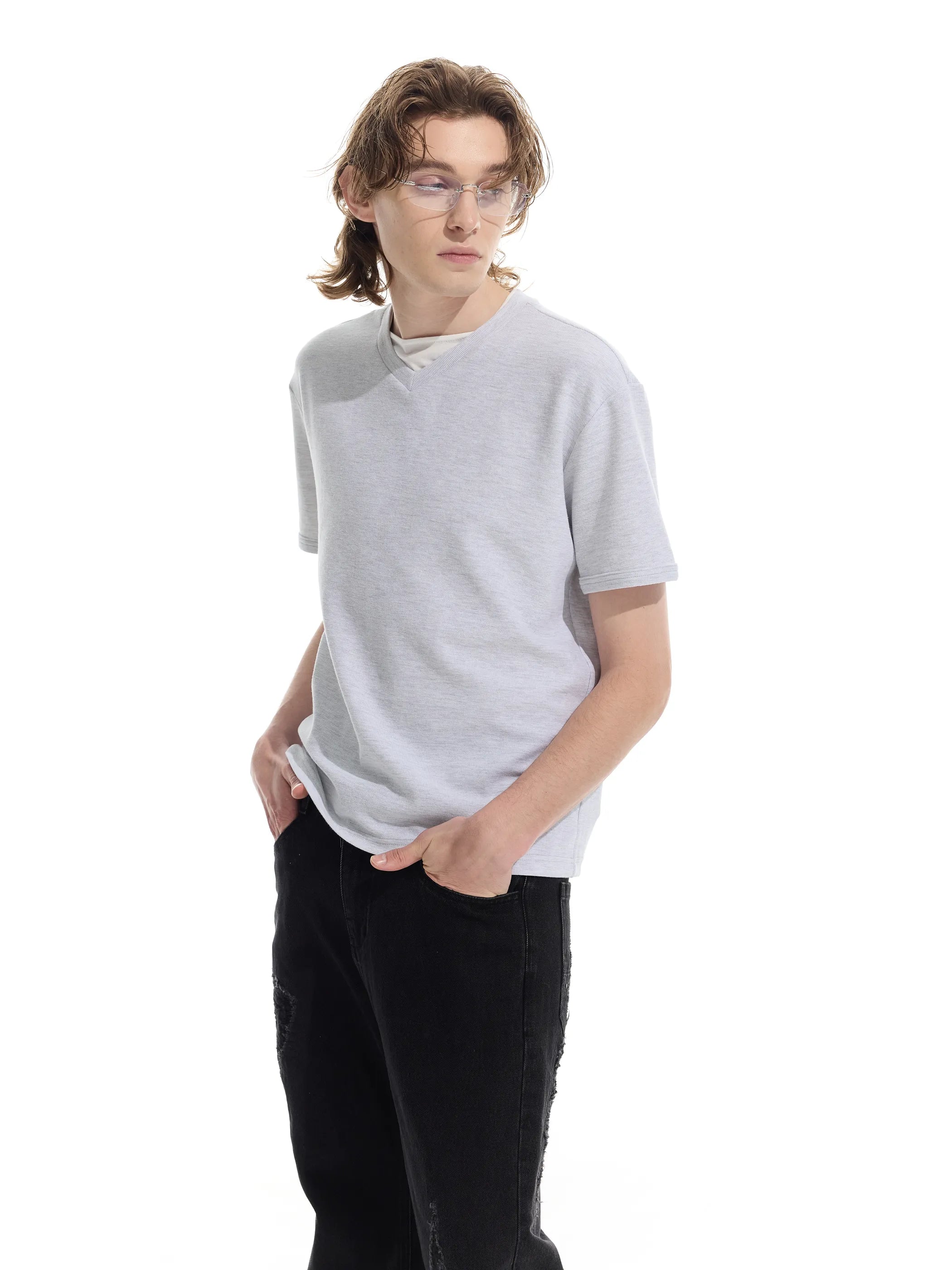 Patchwork V-neck waffle short-sleeved T-shirt