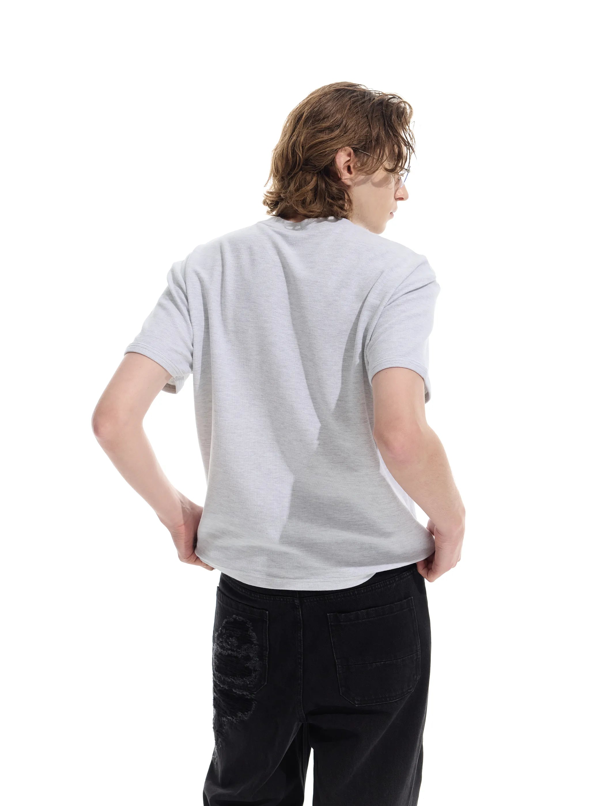 Patchwork V-neck waffle short-sleeved T-shirt