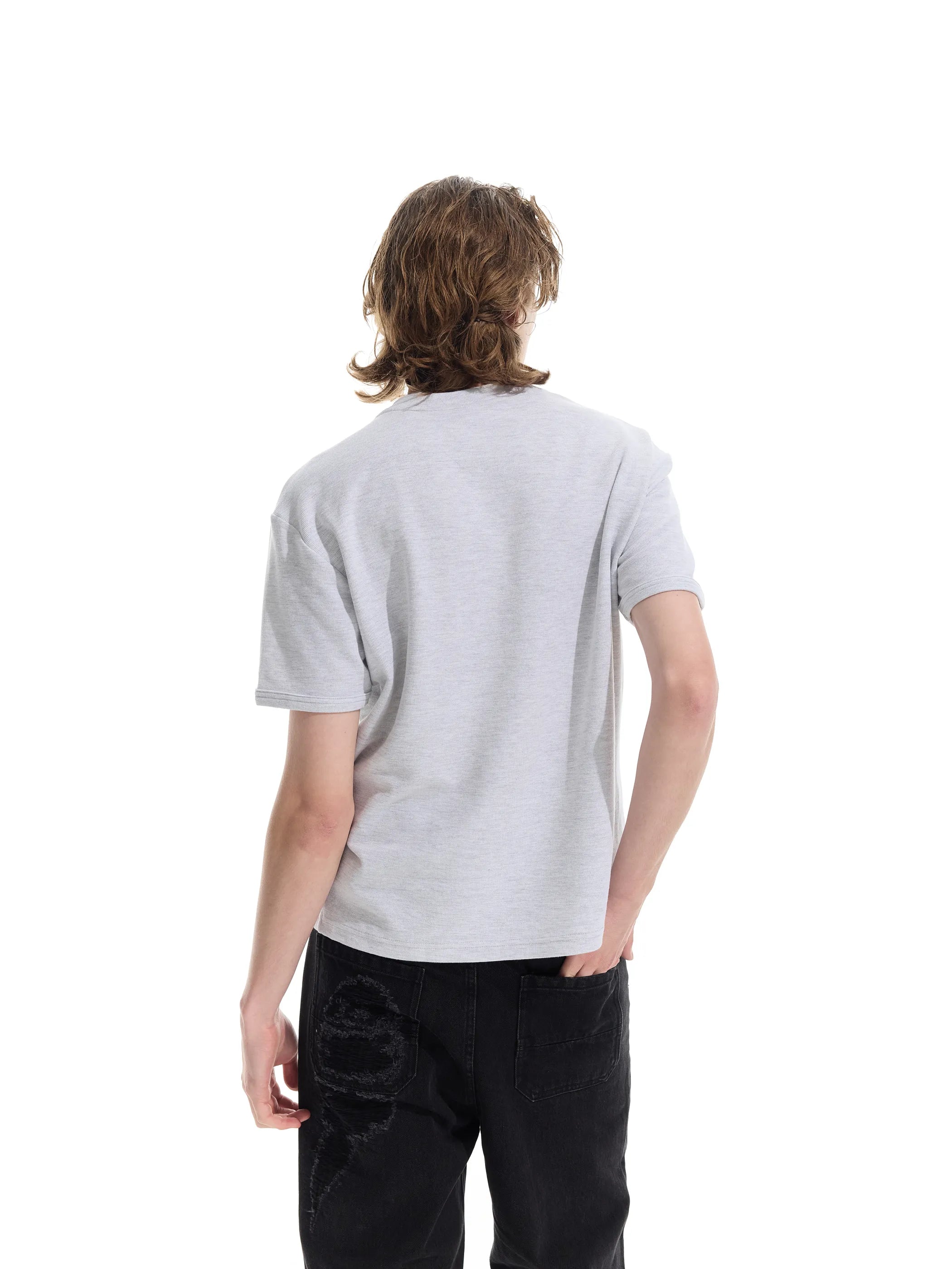 Patchwork V-neck waffle short-sleeved T-shirt
